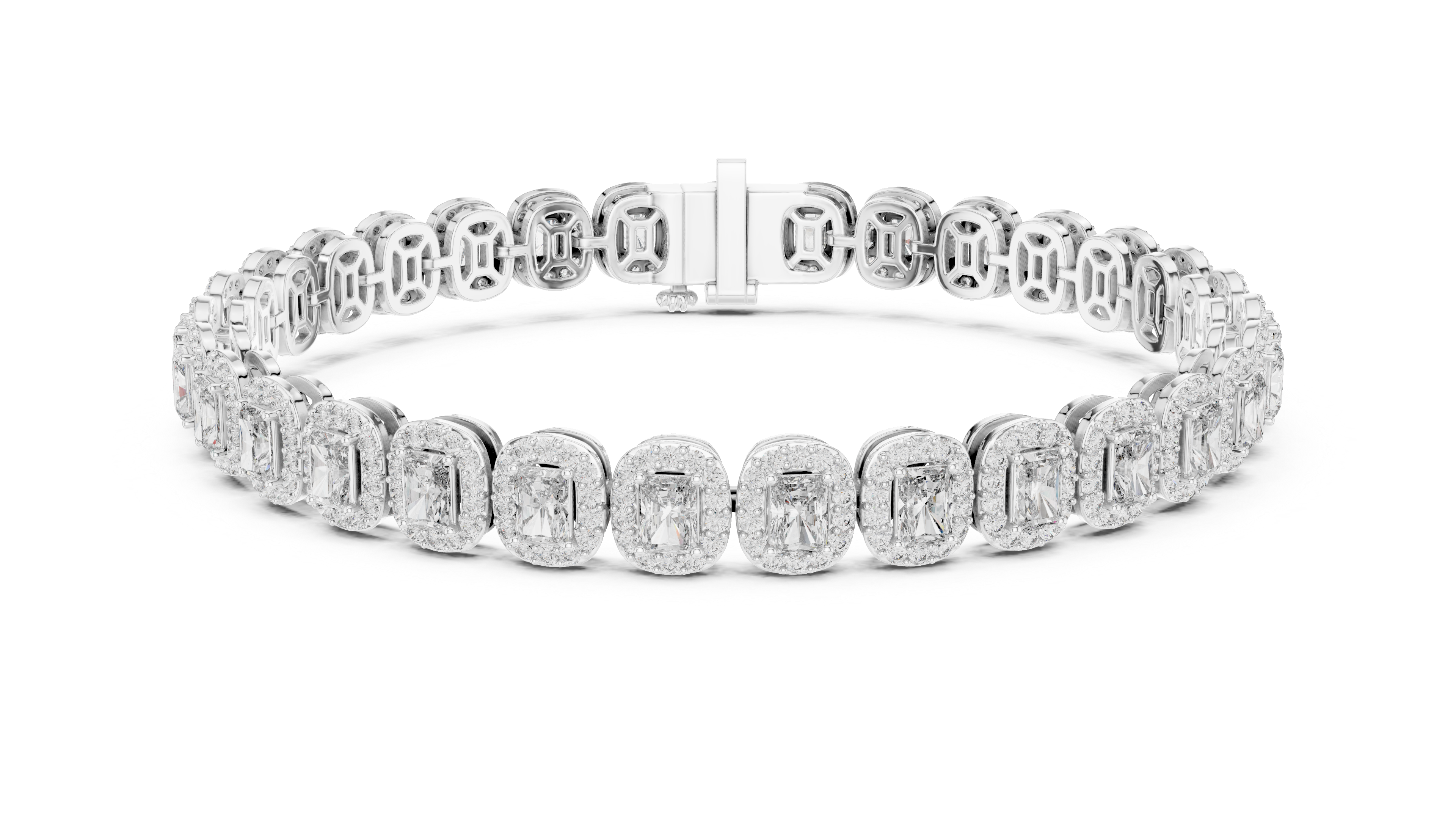 Radiant Halo Diamond Tennis Bracelet in Rose Gold | Radiant Cut Center Stones | Luxury Jewelry for Women