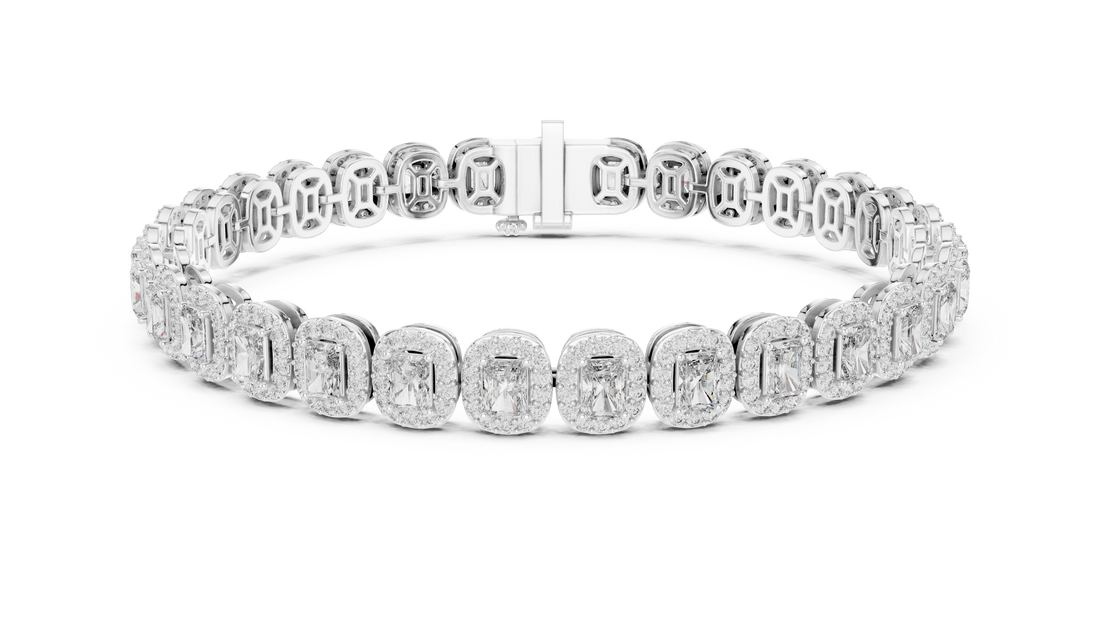 Radiant Halo Diamond Tennis Bracelet in Rose Gold | Radiant Cut Center Stones | Luxury Jewelry for Women