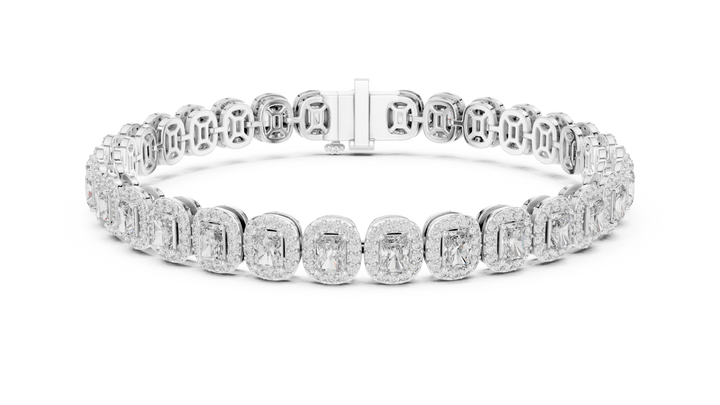 Radiant Halo Diamond Tennis Bracelet in Rose Gold | Radiant Cut Center Stones | Luxury Jewelry for Women