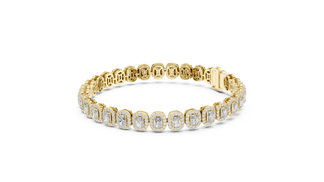 Radiant Halo Diamond Tennis Bracelet in Rose Gold | Radiant Cut Center Stones | Luxury Jewelry for Women