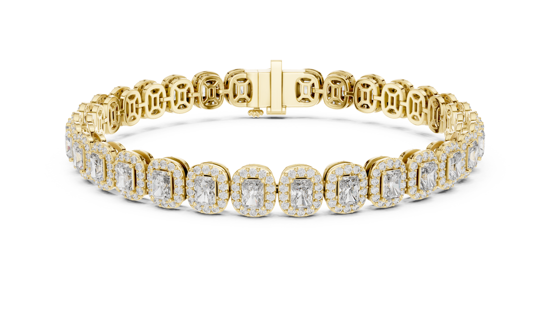 Radiant Halo Diamond Tennis Bracelet in Rose Gold | Radiant Cut Center Stones | Luxury Jewelry for Women