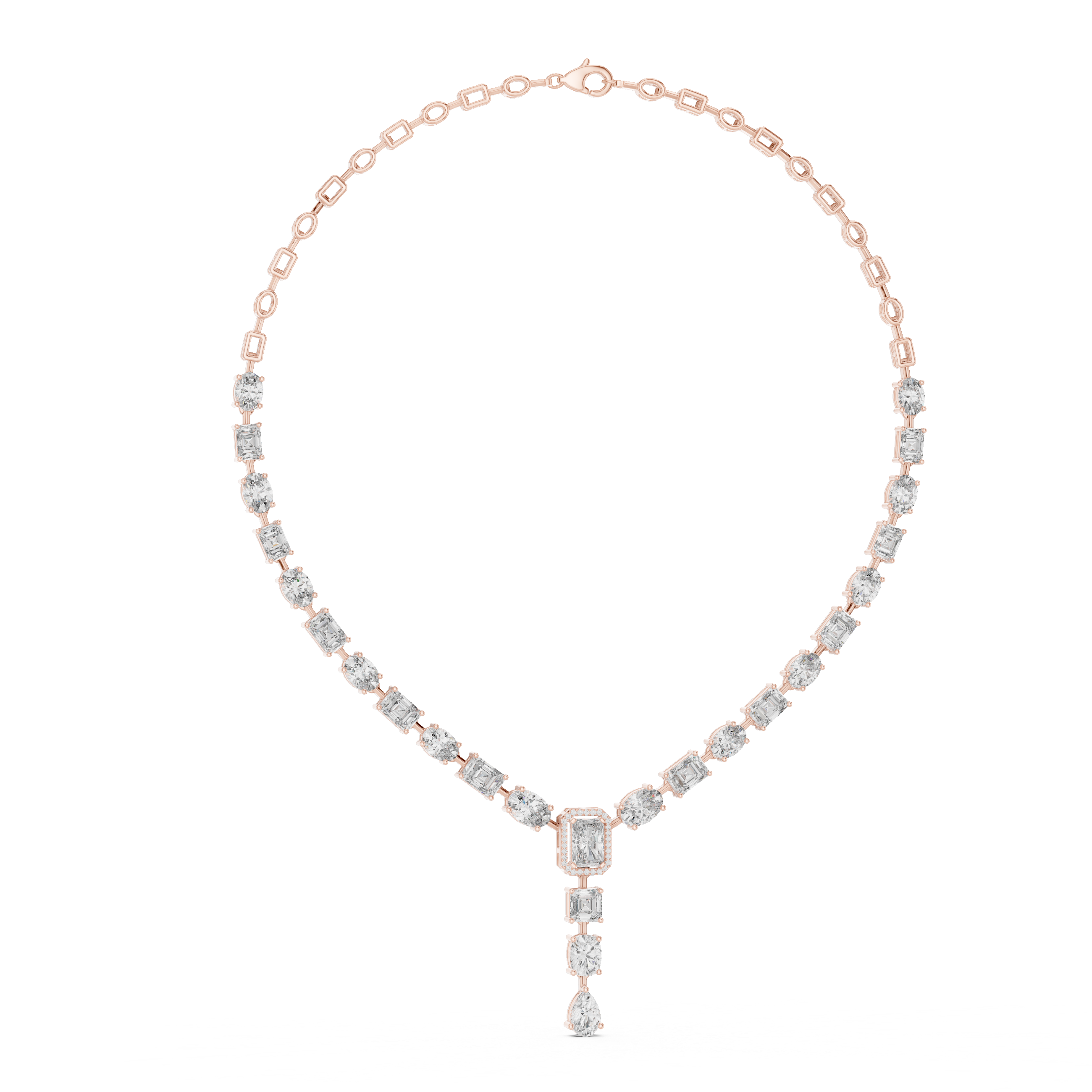 White Gold Diamond Statement Necklace with Emerald Cut Center and Pear Drop Pendant