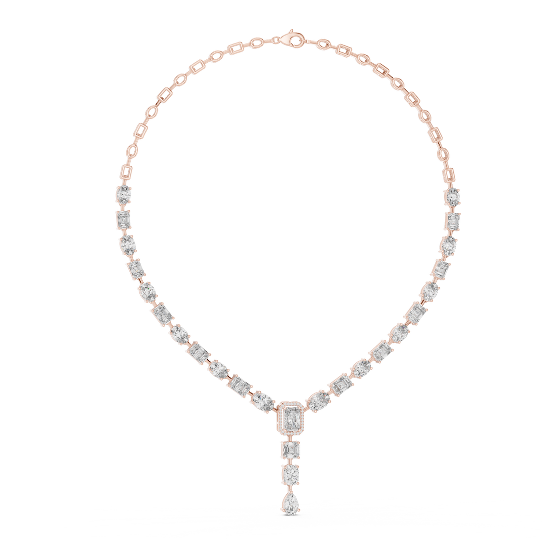 White Gold Diamond Statement Necklace with Emerald Cut Center and Pear Drop Pendant