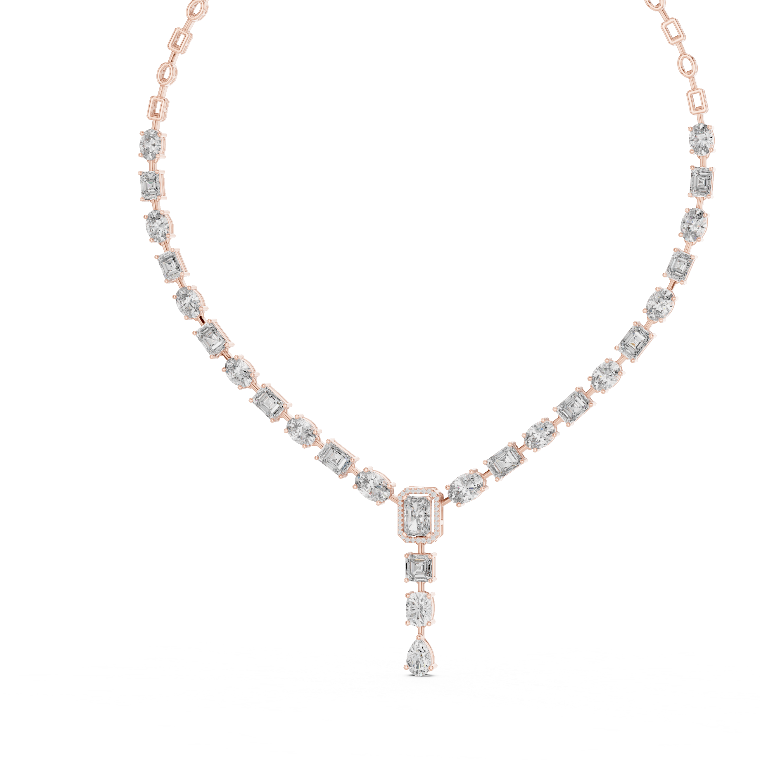 White Gold Diamond Statement Necklace with Emerald Cut Center and Pear Drop Pendant