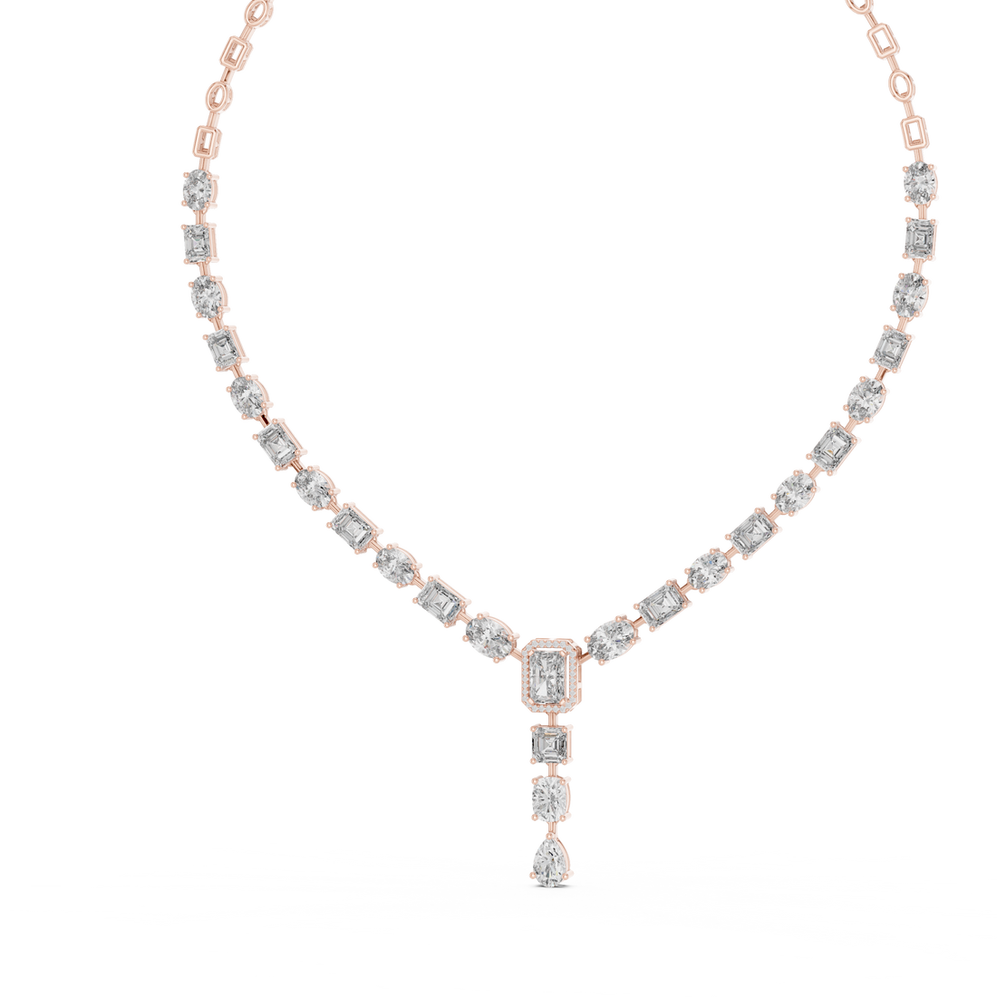 White Gold Diamond Statement Necklace with Emerald Cut Center and Pear Drop Pendant