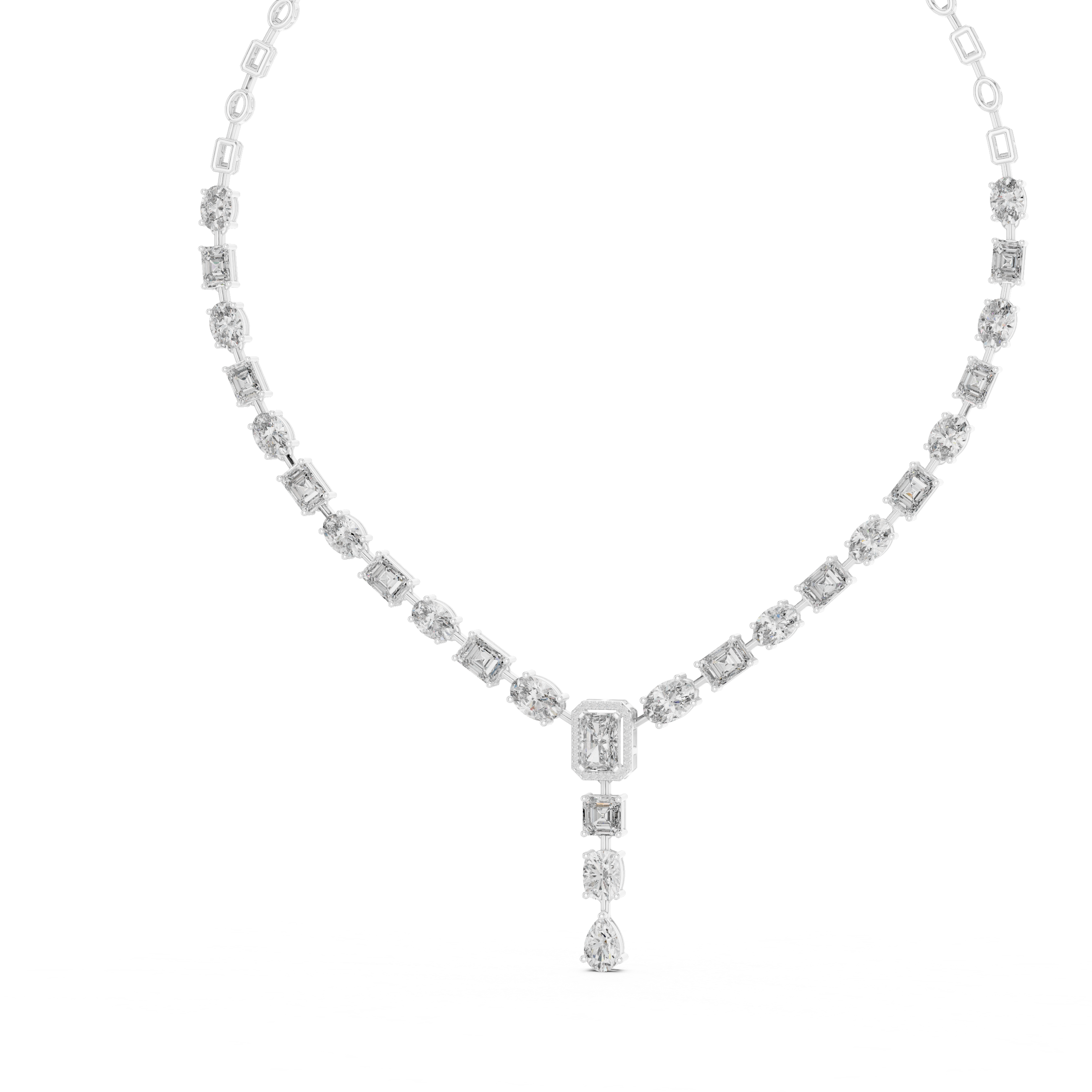 White Gold Diamond Statement Necklace with Emerald Cut Center and Pear Drop Pendant