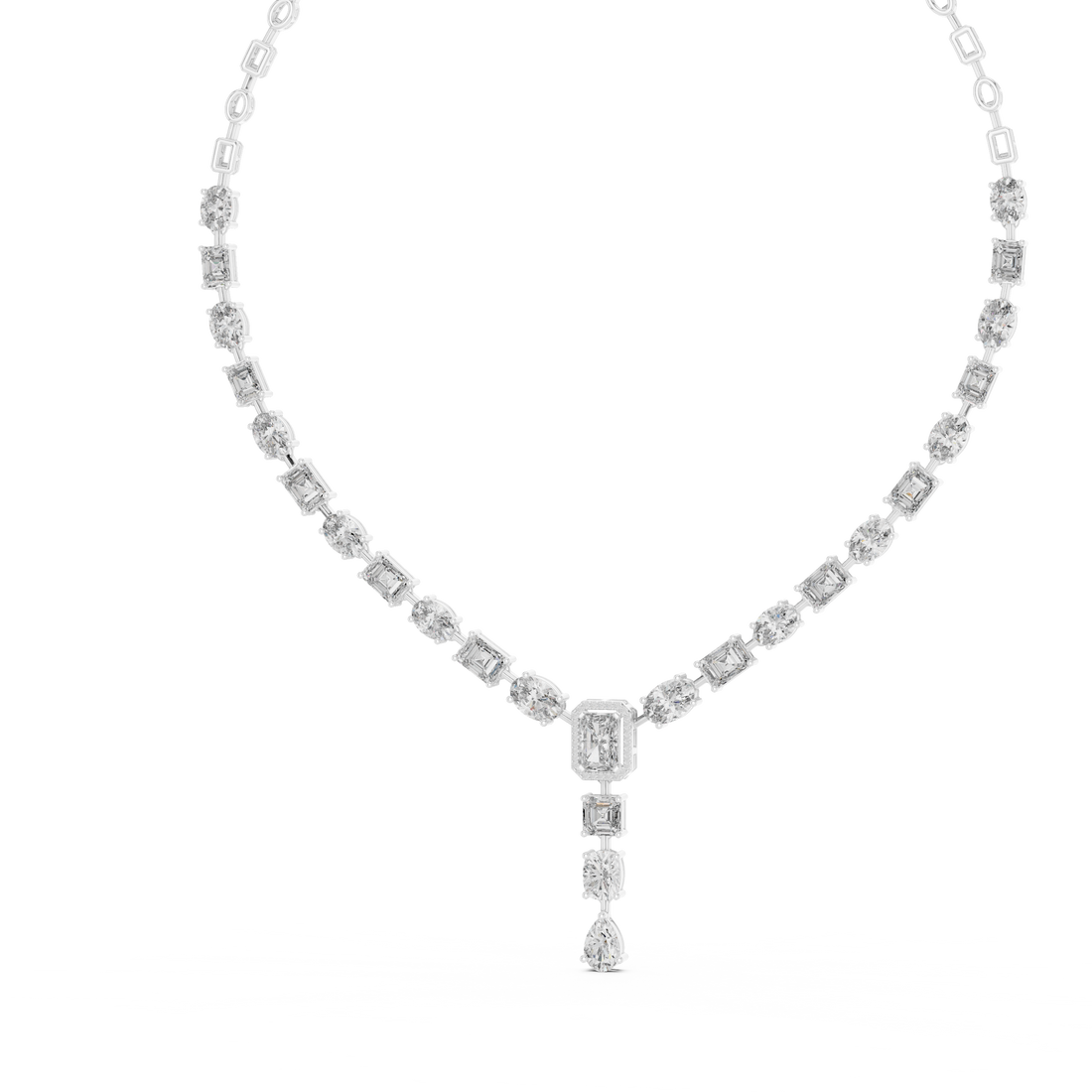 White Gold Diamond Statement Necklace with Emerald Cut Center and Pear Drop Pendant