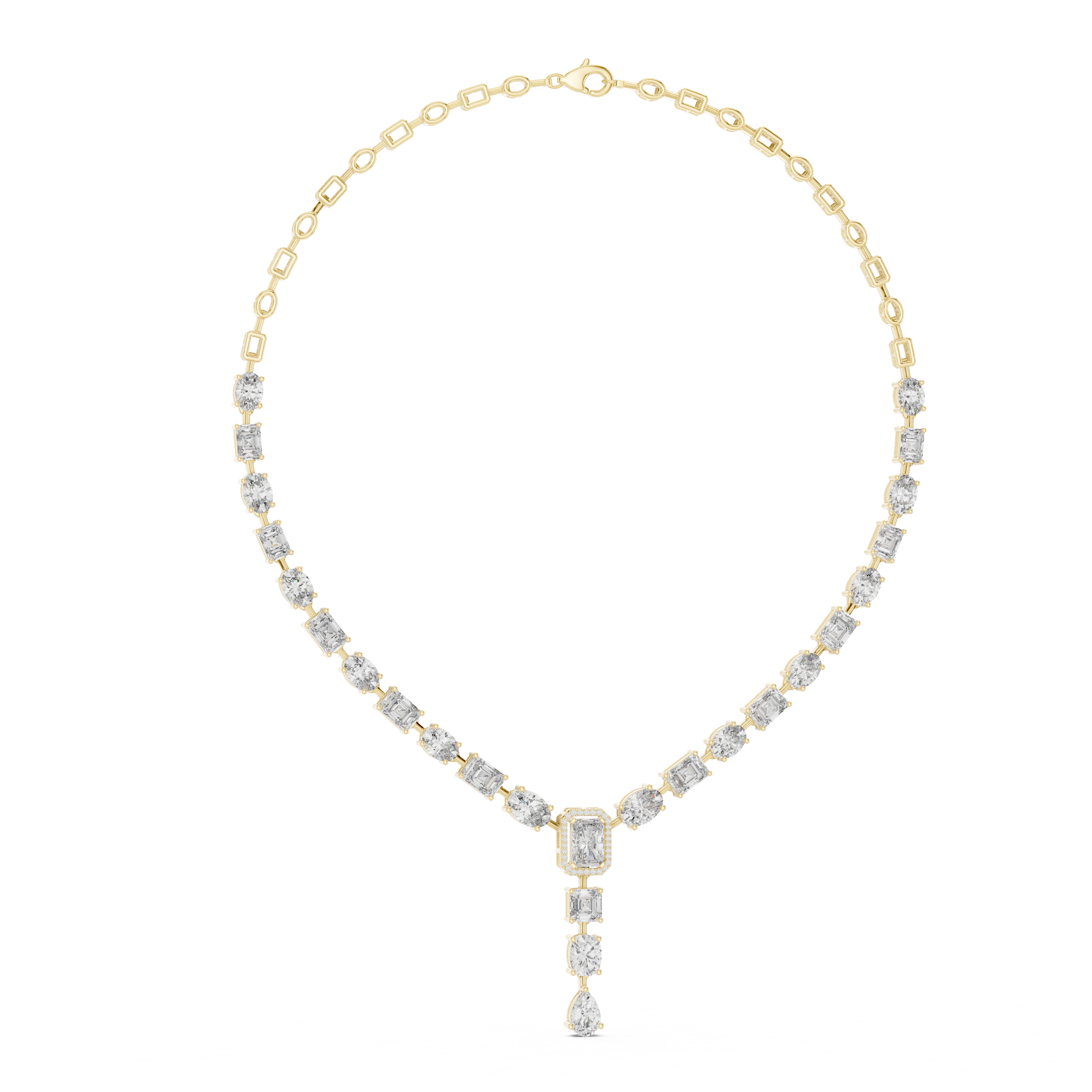 White Gold Diamond Statement Necklace with Emerald Cut Center and Pear Drop Pendant