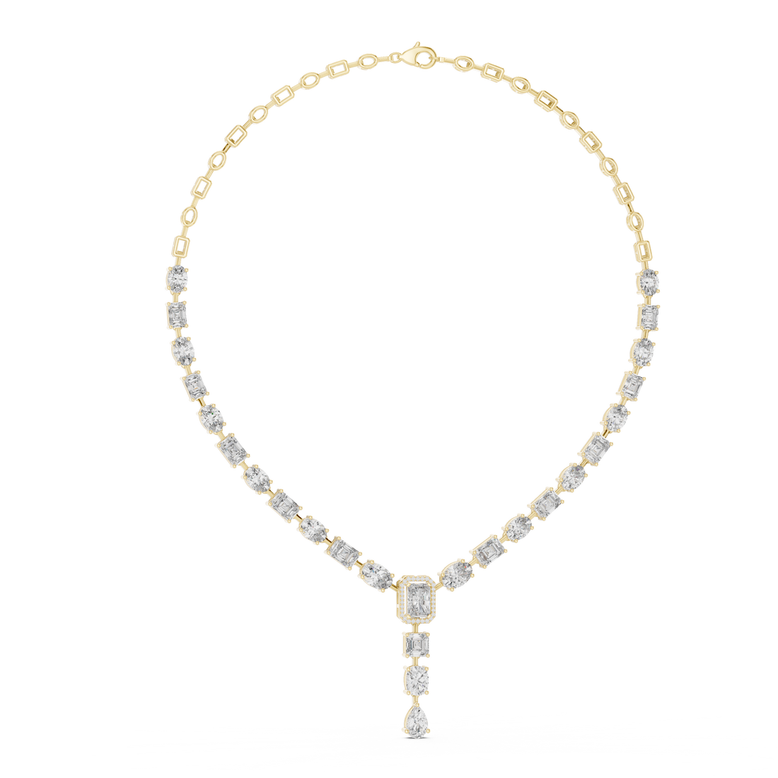 White Gold Diamond Statement Necklace with Emerald Cut Center and Pear Drop Pendant