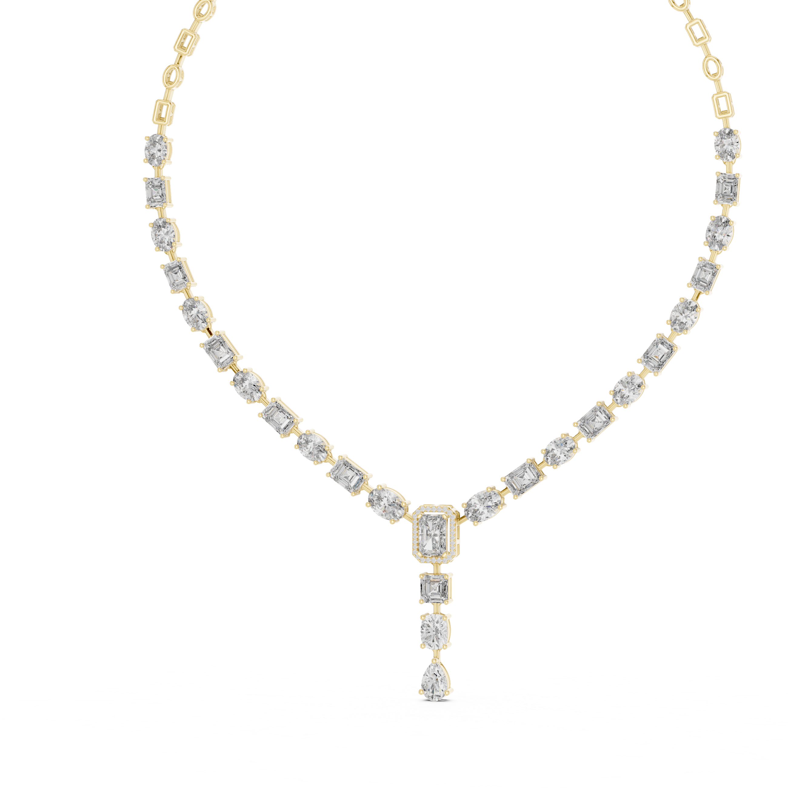 White Gold Diamond Statement Necklace with Emerald Cut Center and Pear Drop Pendant