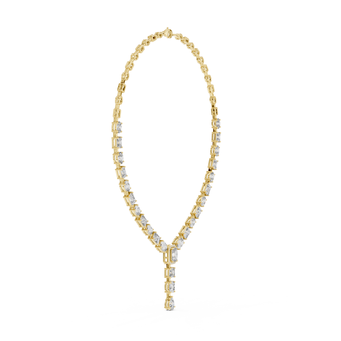 White Gold Diamond Statement Necklace with Emerald Cut Center and Pear Drop Pendant