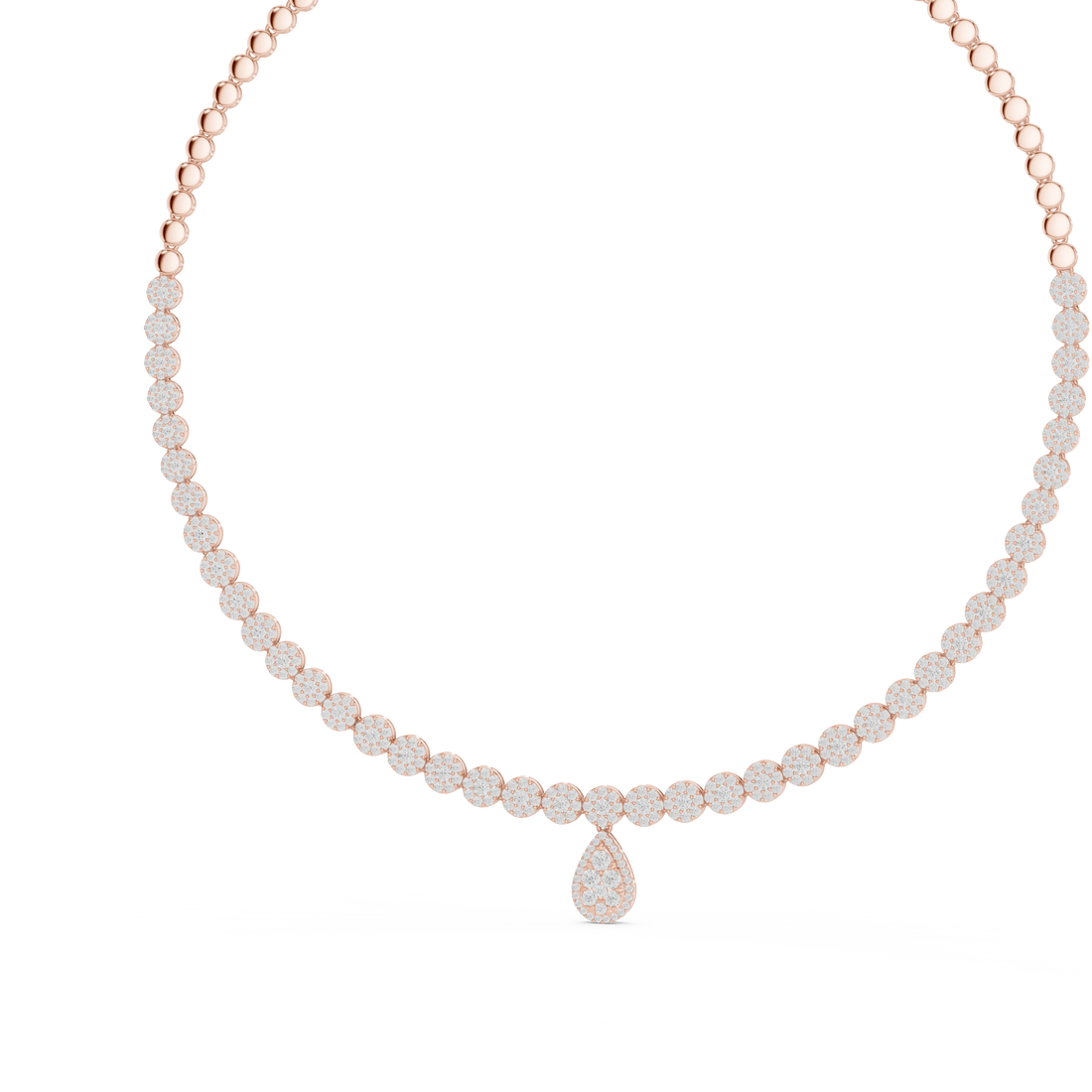 White Gold Diamond Necklace with Pave Round Beads and Pear Shaped Pendant for Women