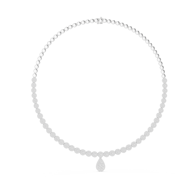 White Gold Diamond Necklace with Pave Round Beads and Pear Shaped Pendant for Women