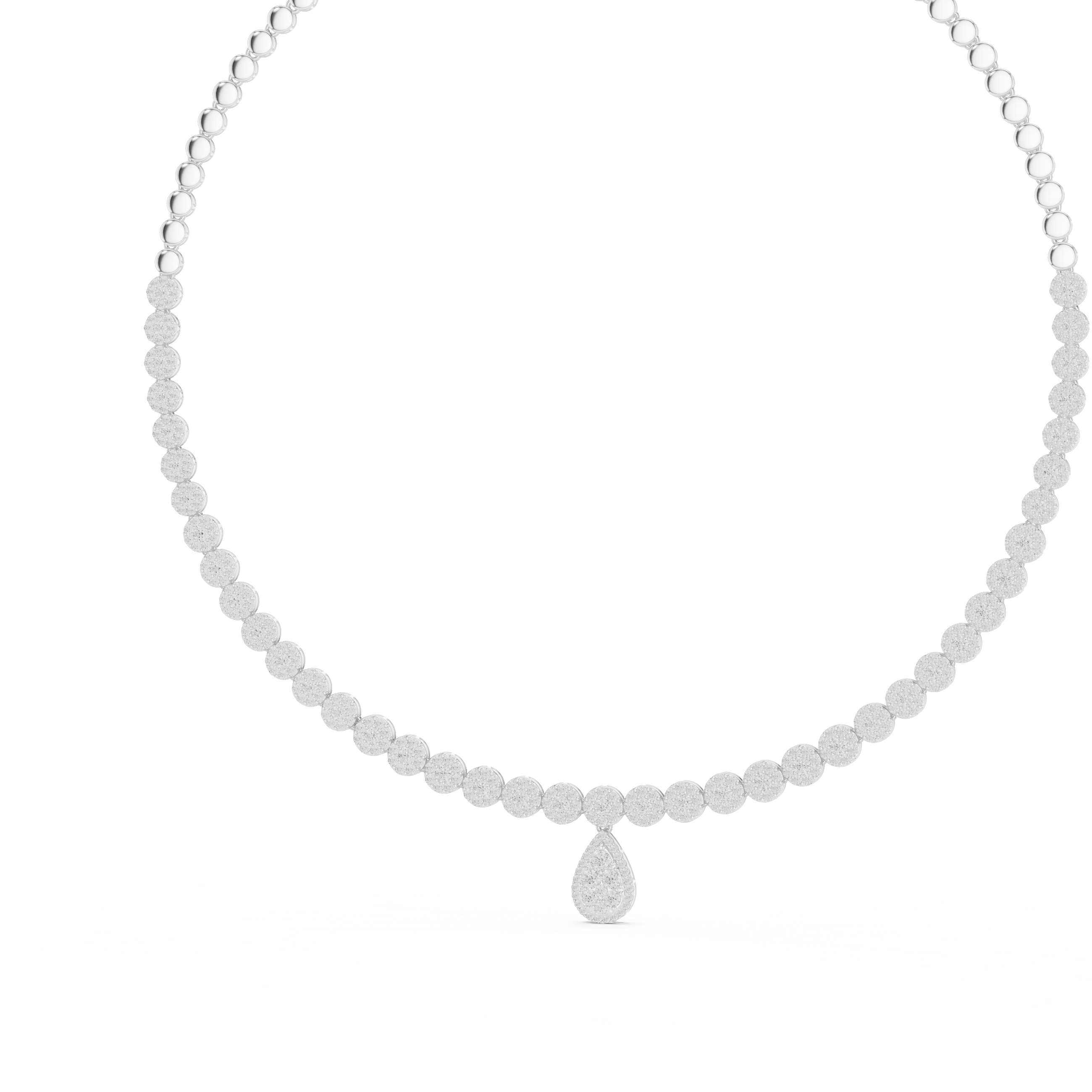 White Gold Diamond Necklace with Pave Round Beads and Pear Shaped Pendant for Women