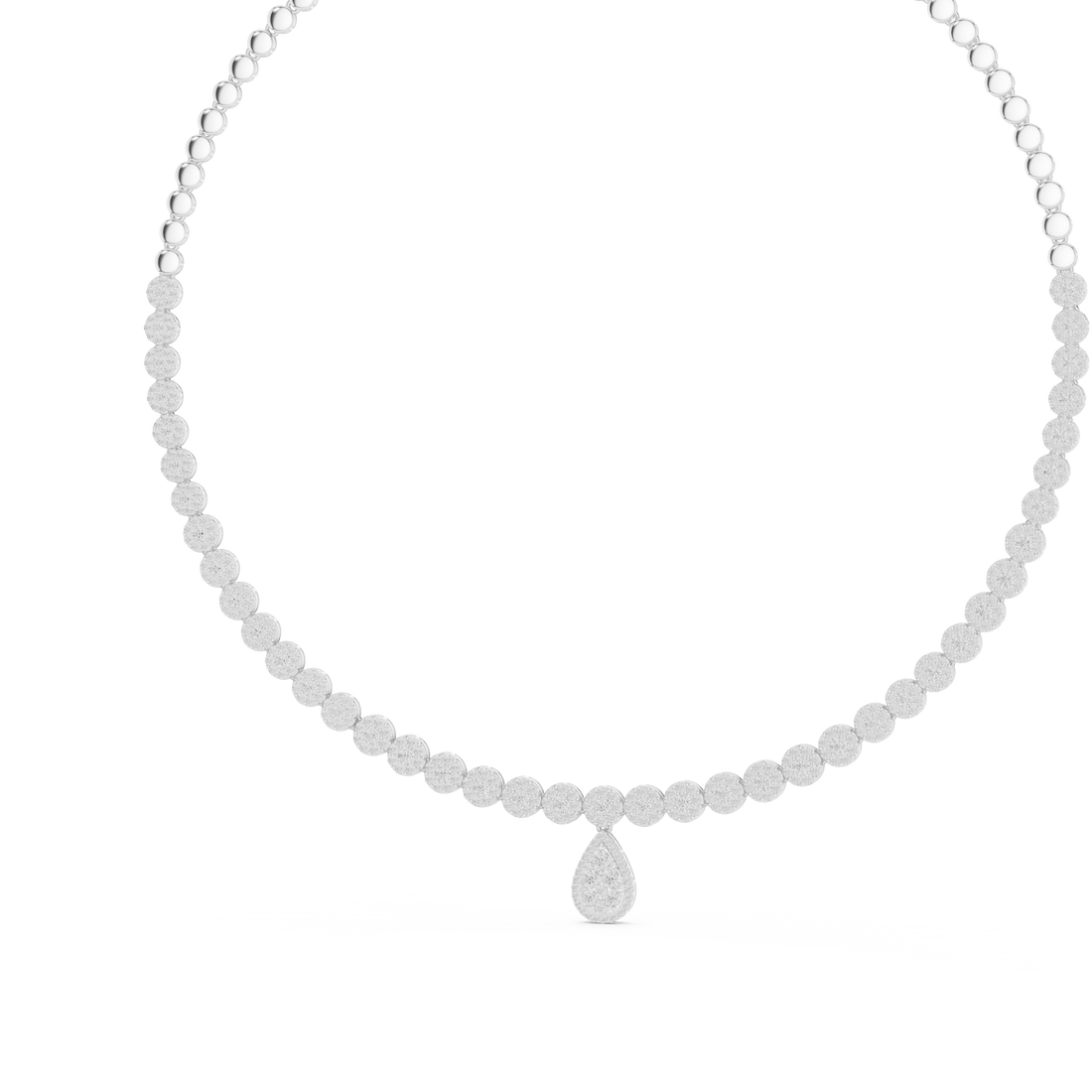 White Gold Diamond Necklace with Pave Round Beads and Pear Shaped Pendant for Women