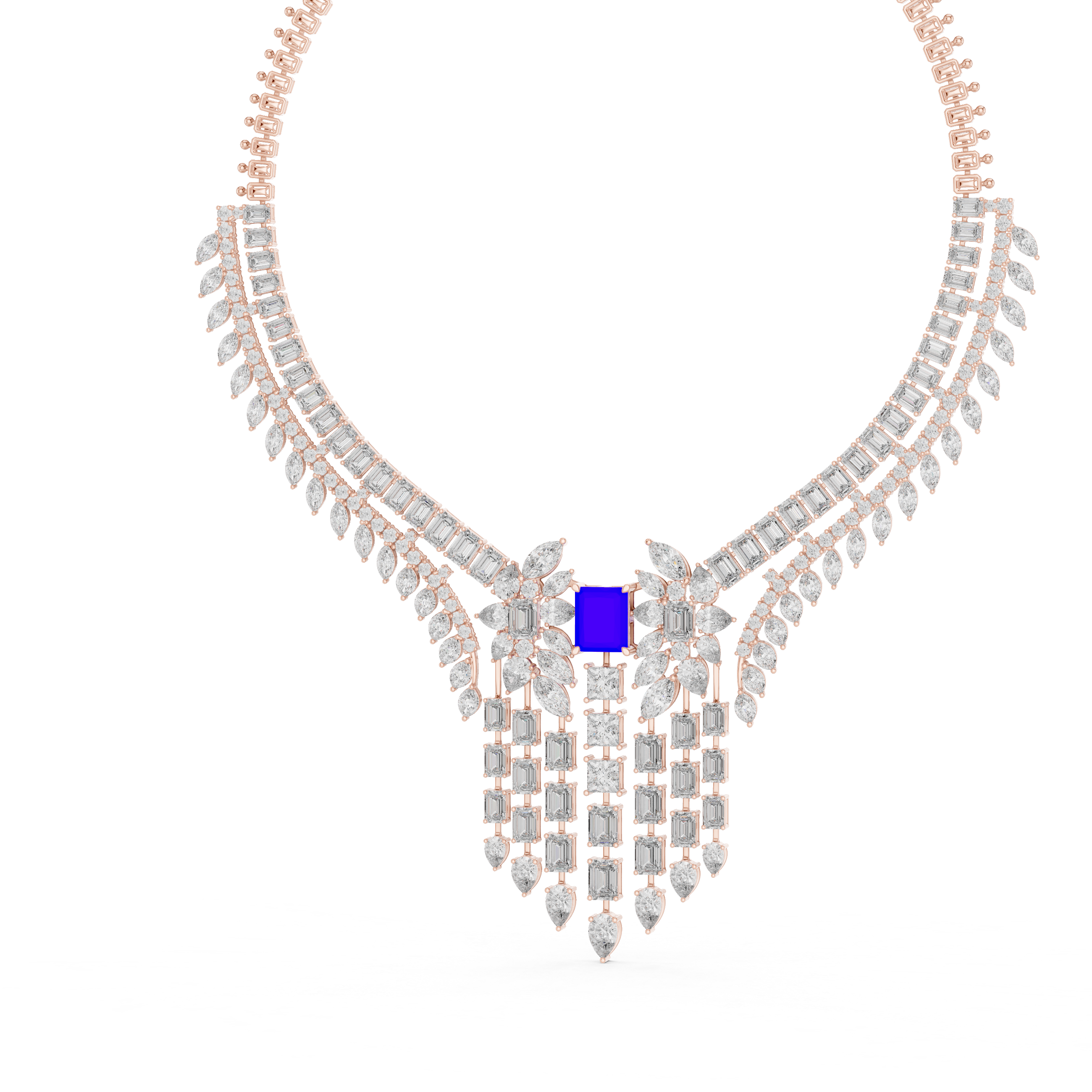 Women’s Sapphire Blue Statement Necklace with Diamond Tassel Detailing Fine Jewelry