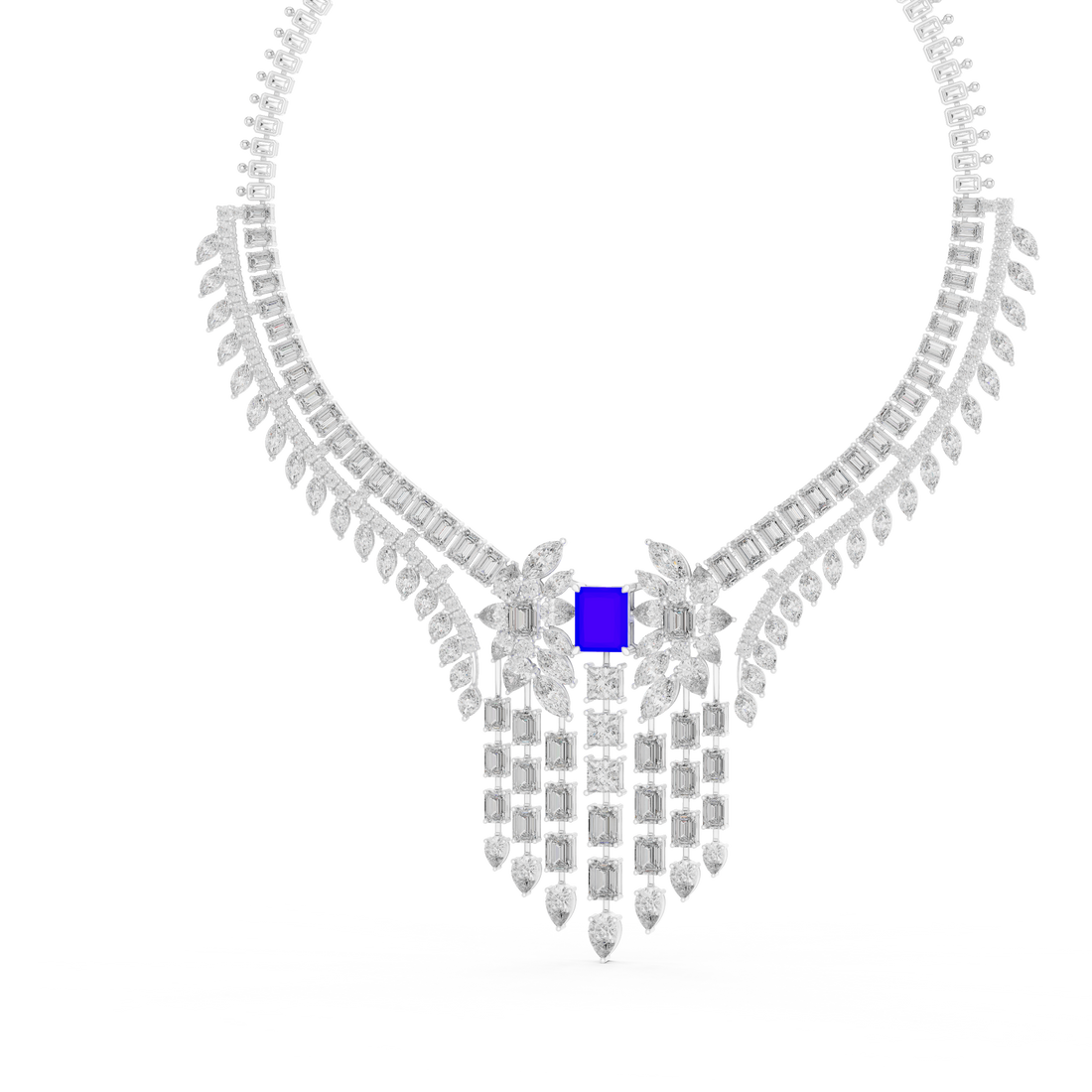 Women’s Sapphire Blue Statement Necklace with Diamond Tassel Detailing Fine Jewelry