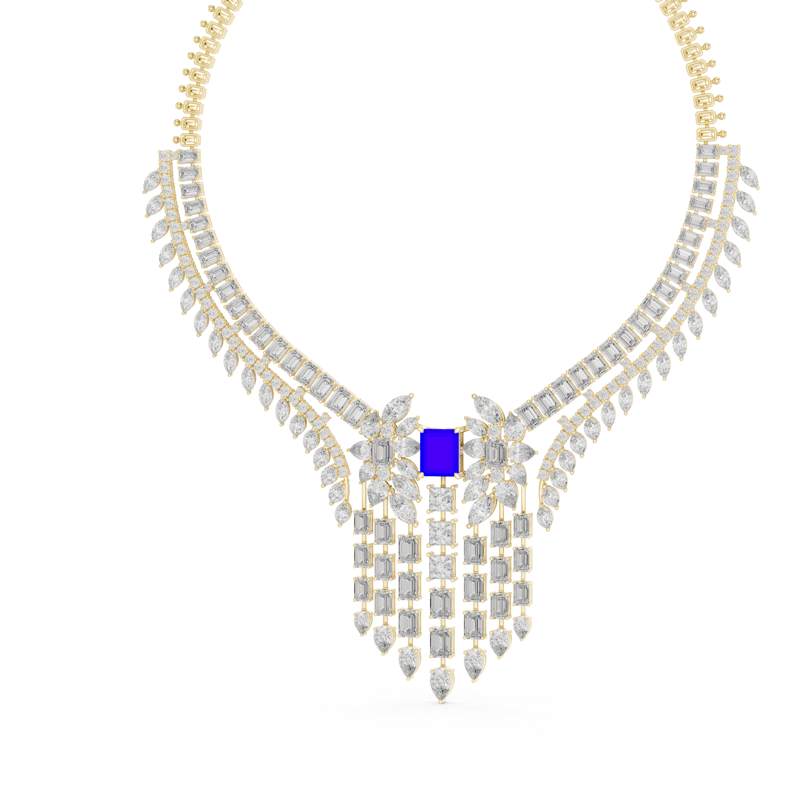 Women’s Sapphire Blue Statement Necklace with Diamond Tassel Detailing Fine Jewelry