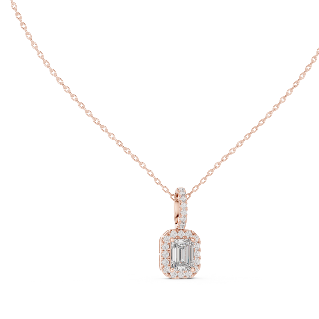 Luxury Emerald Cut Halo Diamond Pendant Necklace with Sparkling Pavé Bail Chain