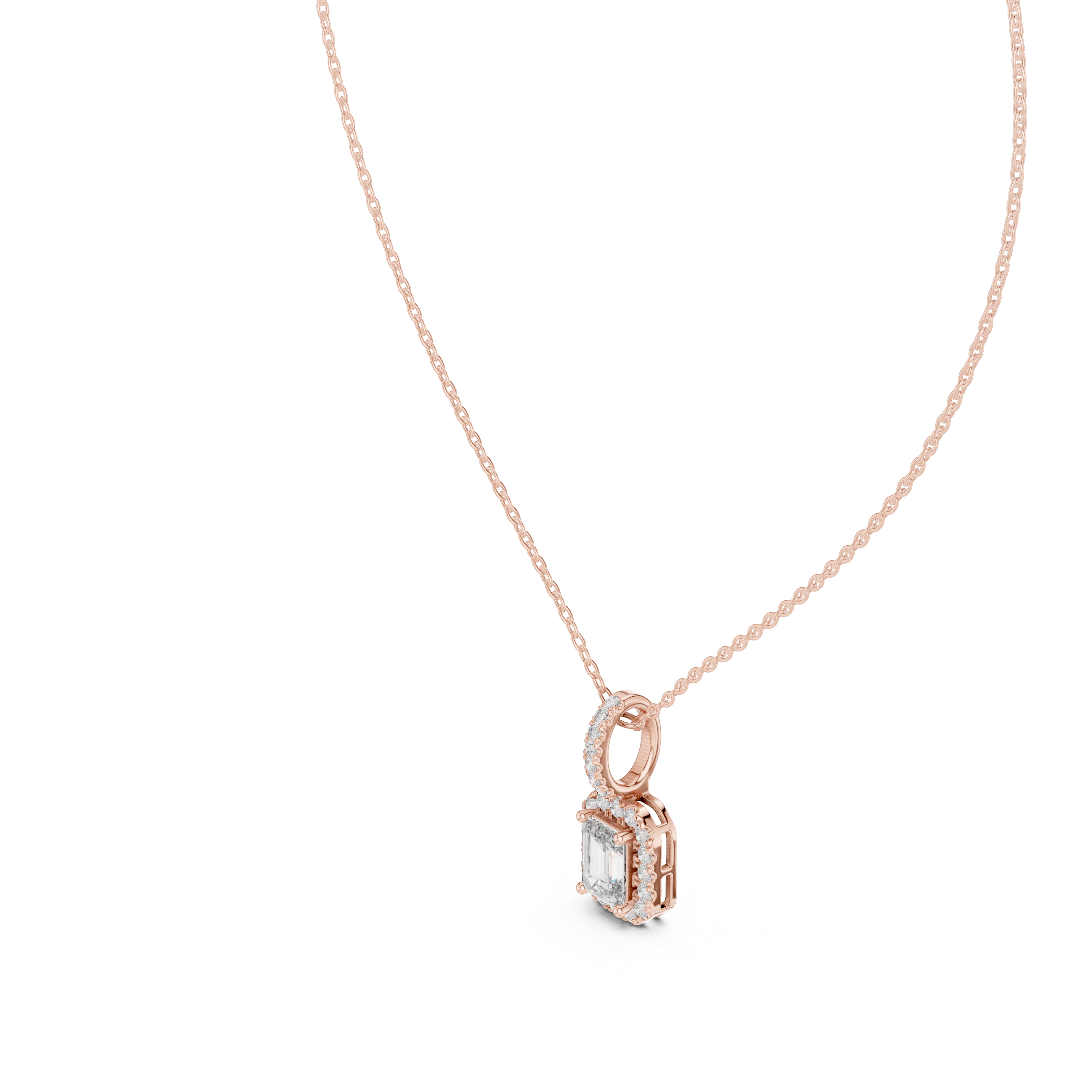 Luxury Emerald Cut Halo Diamond Pendant Necklace with Sparkling Pavé Bail Chain