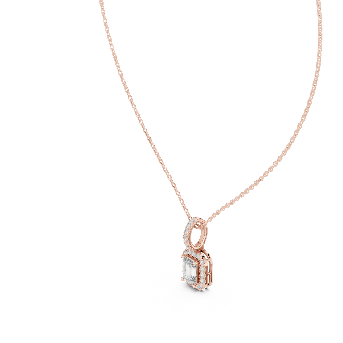 Luxury Emerald Cut Halo Diamond Pendant Necklace with Sparkling Pavé Bail Chain