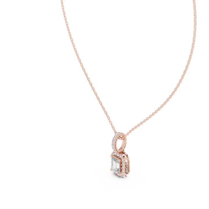 Luxury Emerald Cut Halo Diamond Pendant Necklace with Sparkling Pavé Bail Chain
