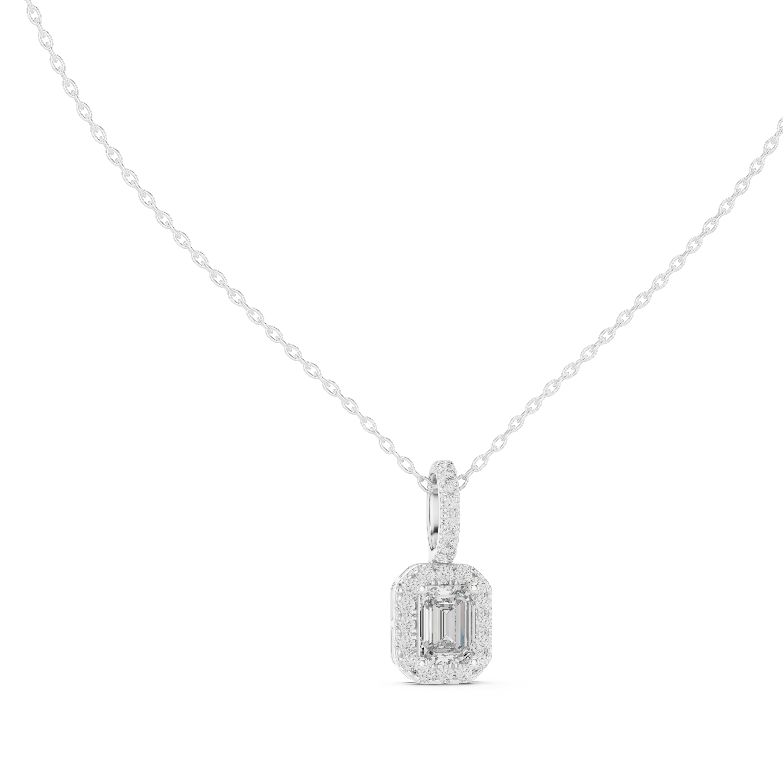 Luxury Emerald Cut Halo Diamond Pendant Necklace with Sparkling Pavé Bail Chain