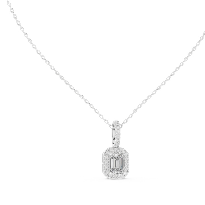 Luxury Emerald Cut Halo Diamond Pendant Necklace with Sparkling Pavé Bail Chain