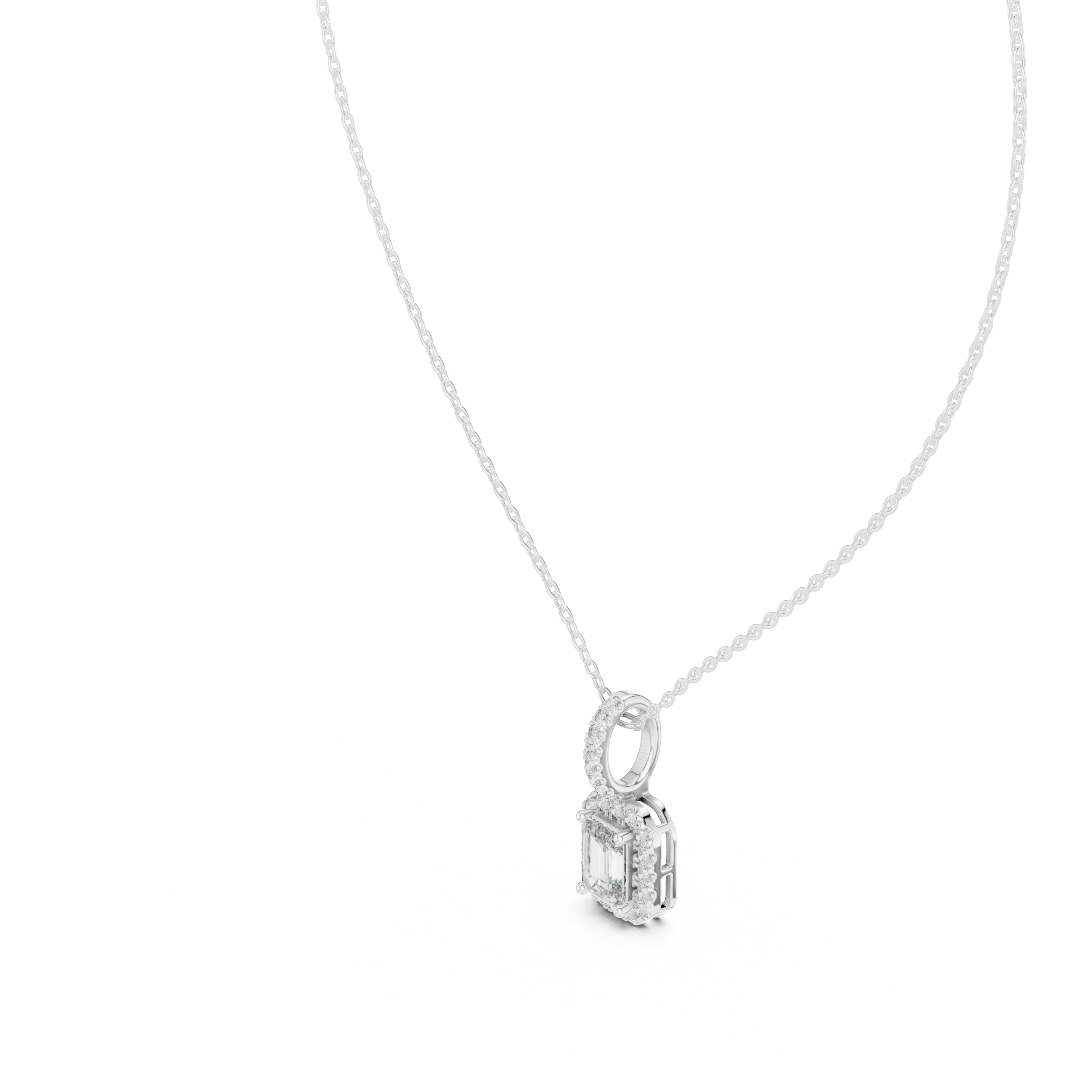 Luxury Emerald Cut Halo Diamond Pendant Necklace with Sparkling Pavé Bail Chain