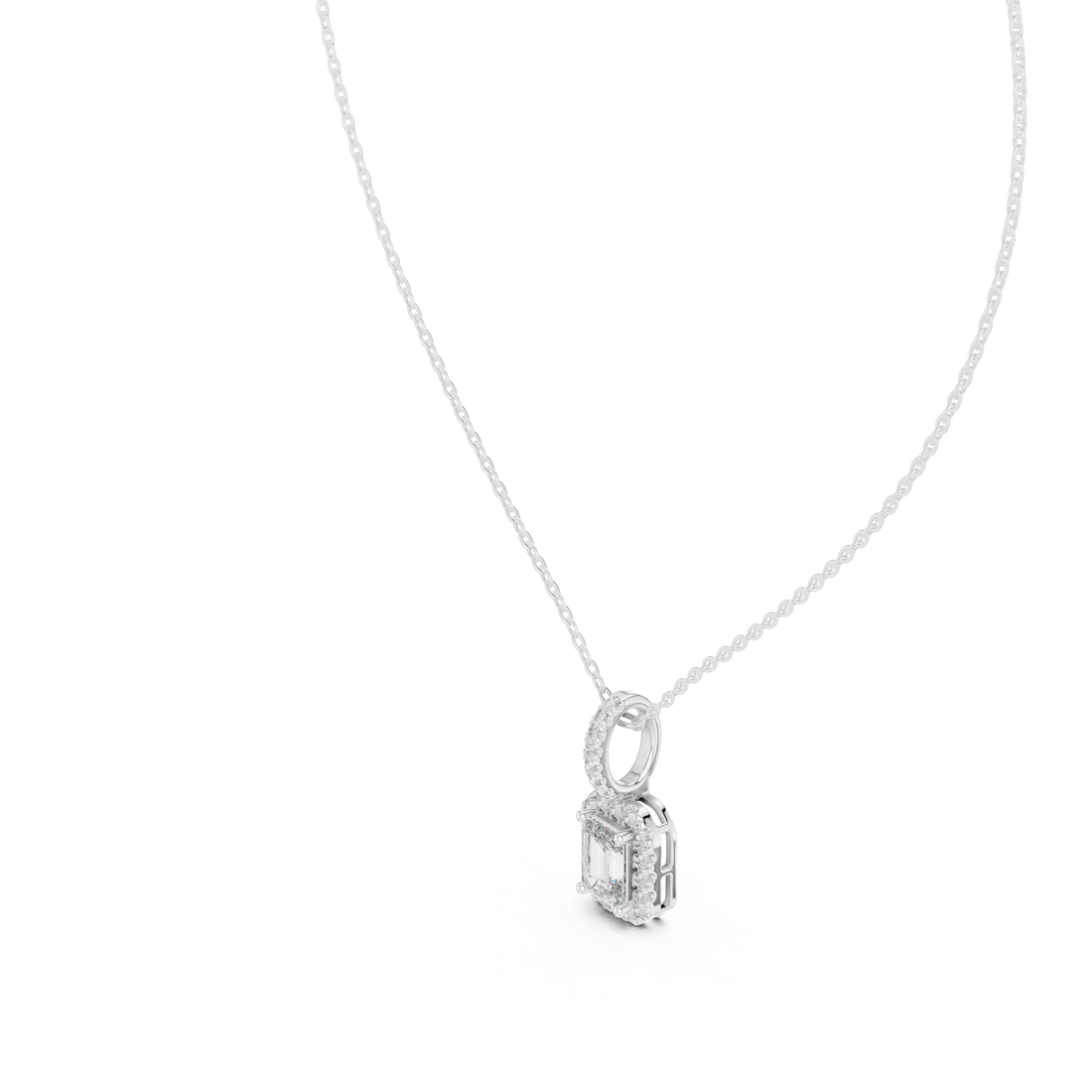 Luxury Emerald Cut Halo Diamond Pendant Necklace with Sparkling Pavé Bail Chain