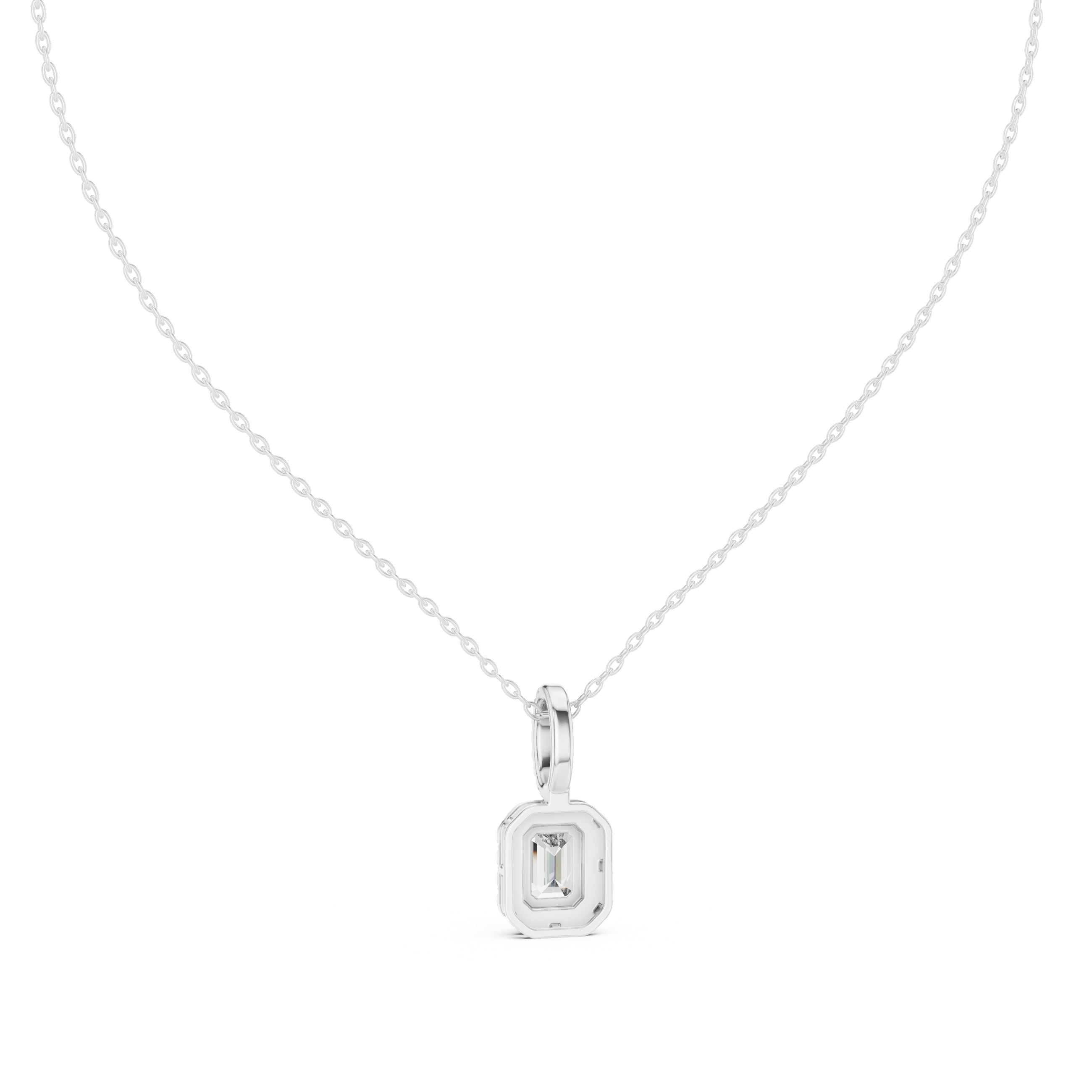 Luxury Emerald Cut Halo Diamond Pendant Necklace with Sparkling Pavé Bail Chain