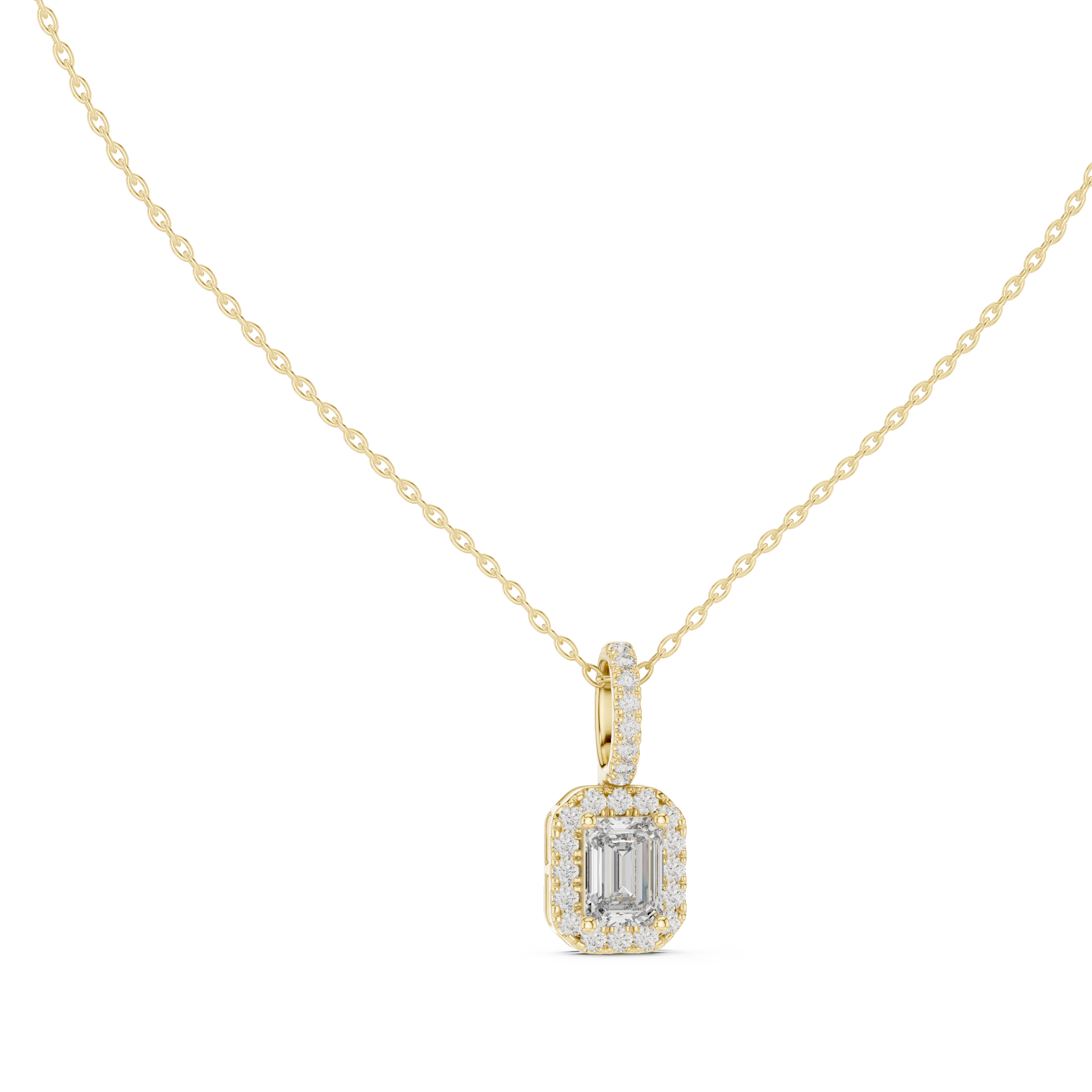 Luxury Emerald Cut Halo Diamond Pendant Necklace with Sparkling Pavé Bail Chain