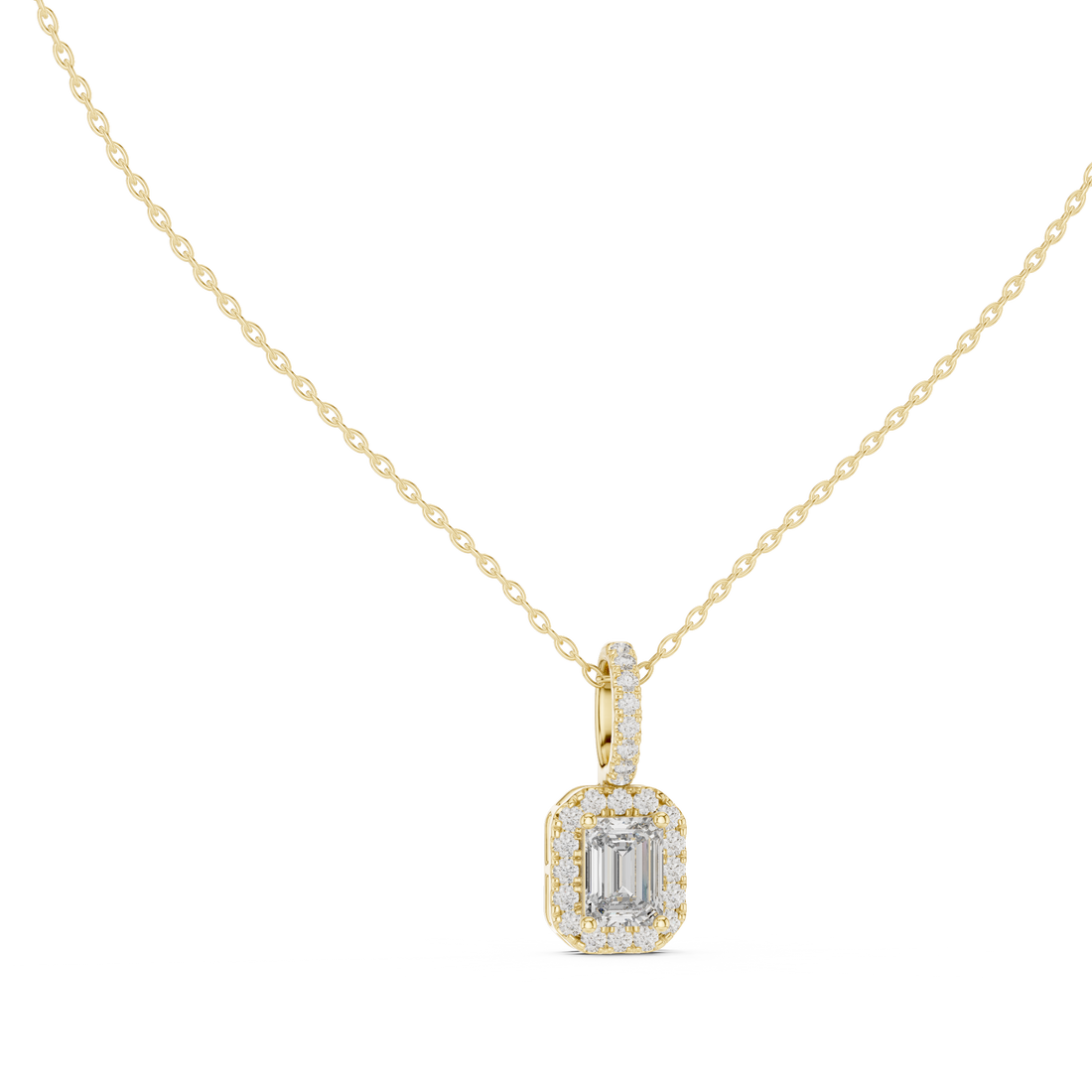 Luxury Emerald Cut Halo Diamond Pendant Necklace with Sparkling Pavé Bail Chain