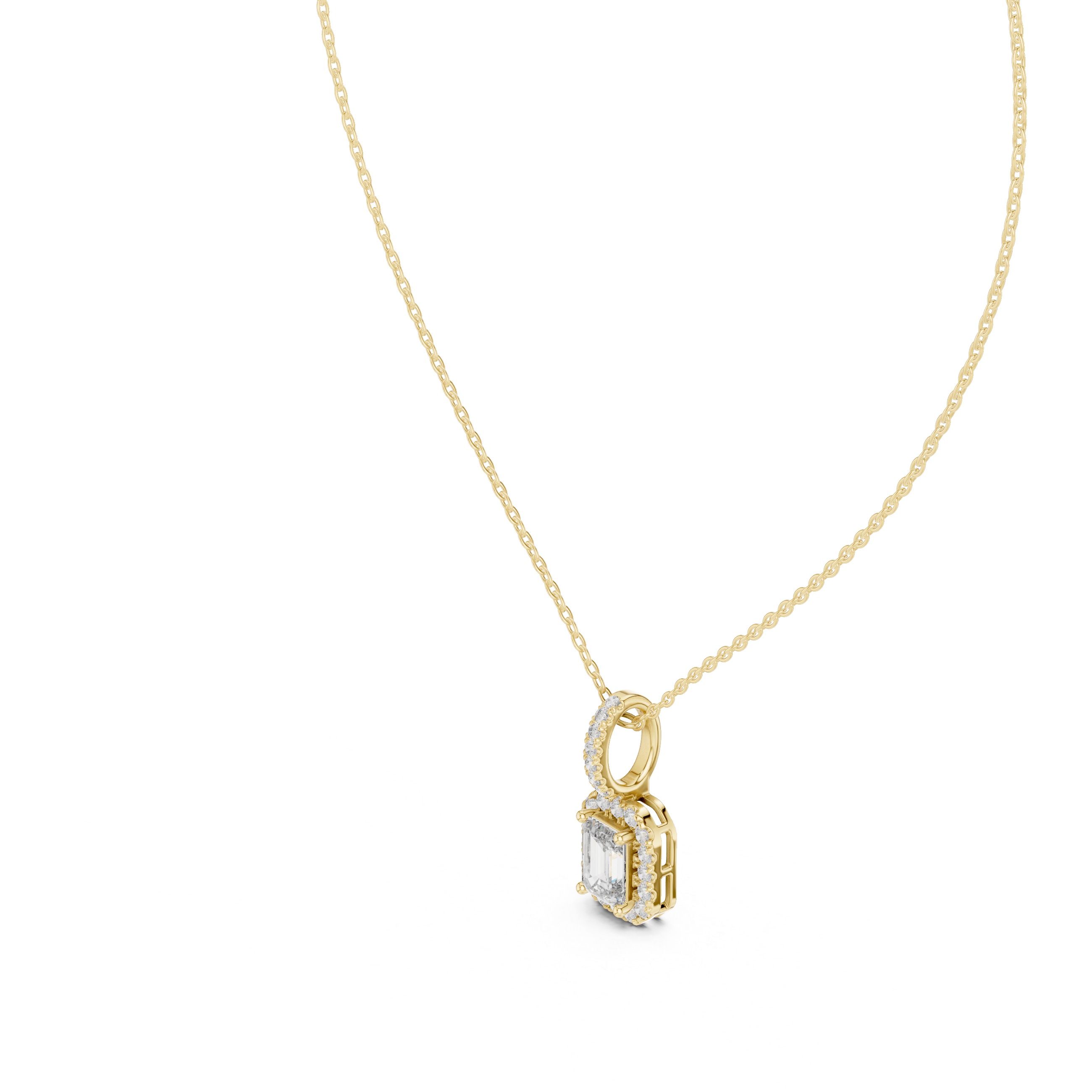 Luxury Emerald Cut Halo Diamond Pendant Necklace with Sparkling Pavé Bail Chain