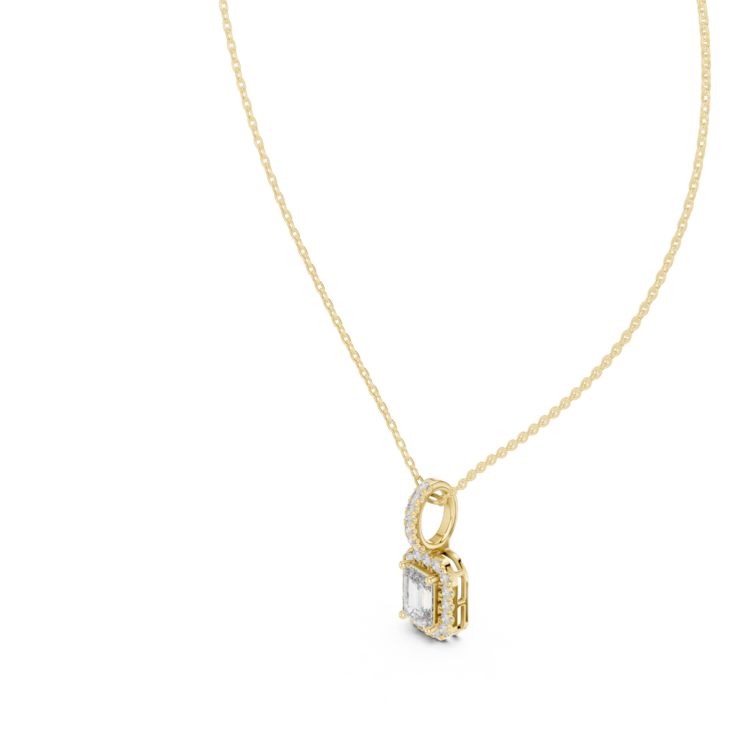 Luxury Emerald Cut Halo Diamond Pendant Necklace with Sparkling Pavé Bail Chain