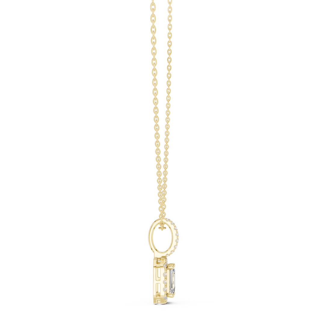 Luxury Emerald Cut Halo Diamond Pendant Necklace with Sparkling Pavé Bail Chain