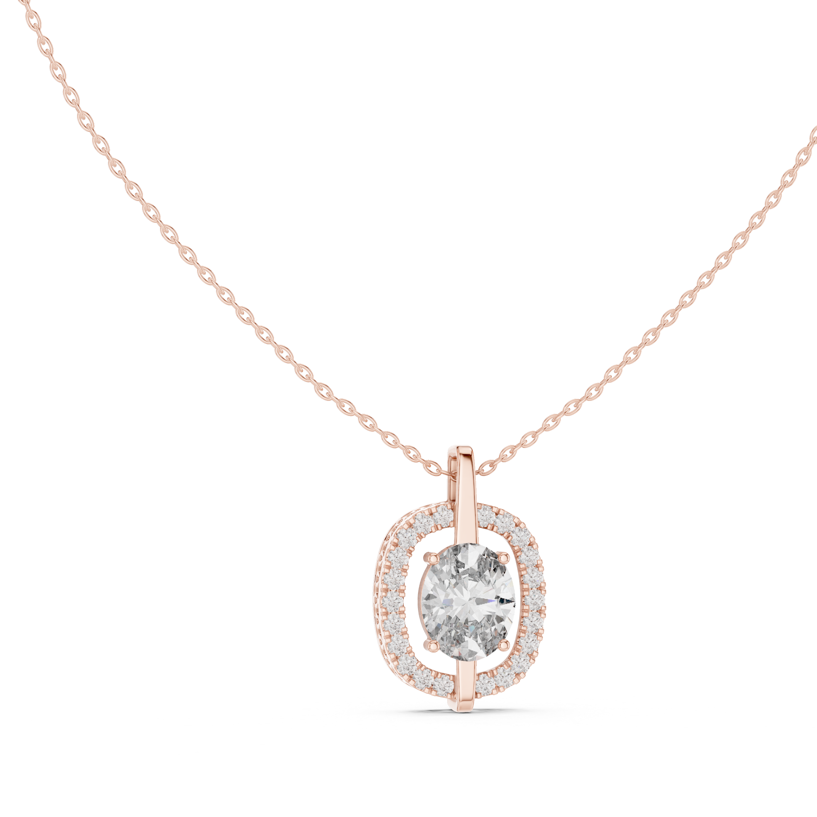 Oval Diamond Halo Pendant Necklace in Rose Gold, Elegant Minimal Necklace for Women Gift