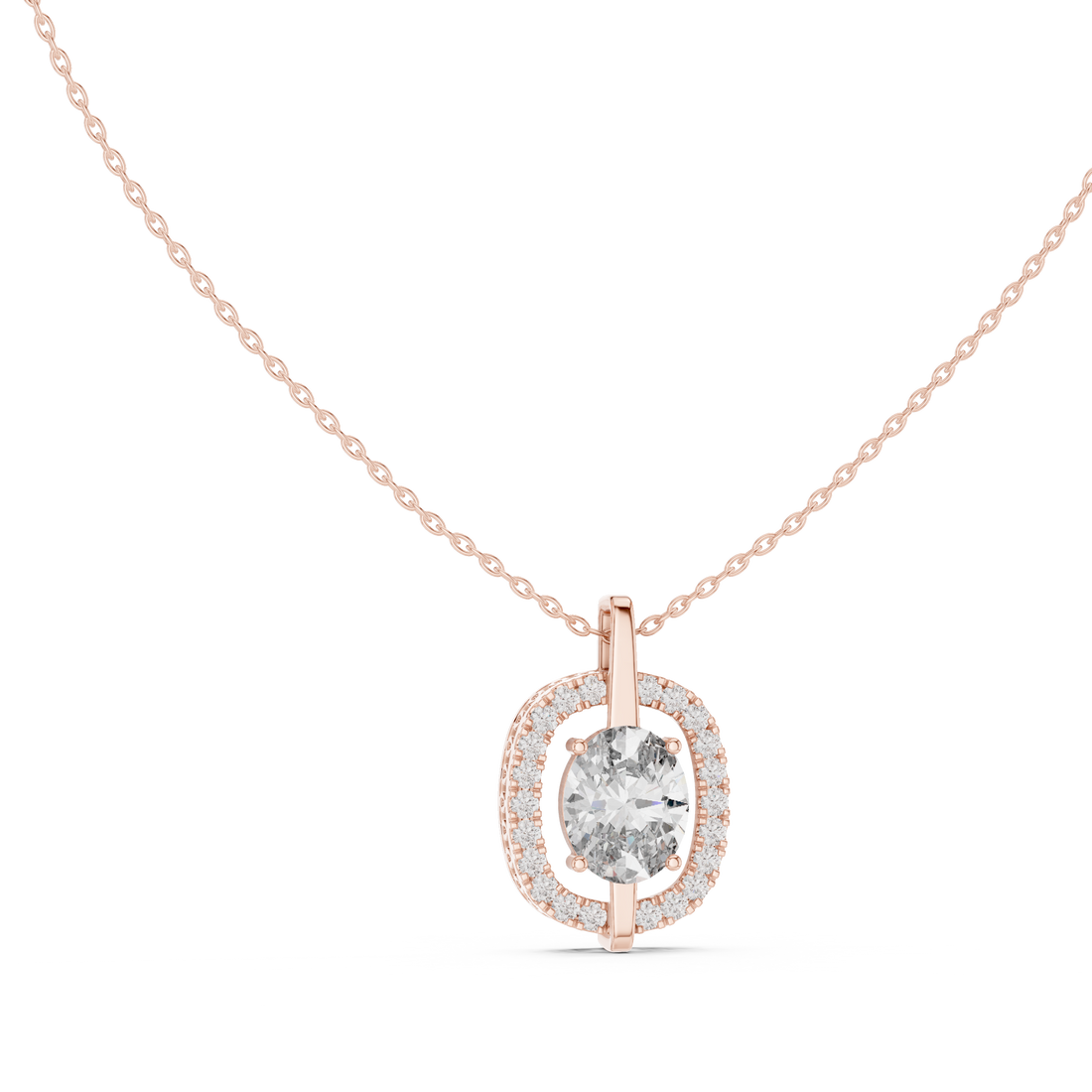 Oval Diamond Halo Pendant Necklace in Rose Gold, Elegant Minimal Necklace for Women Gift