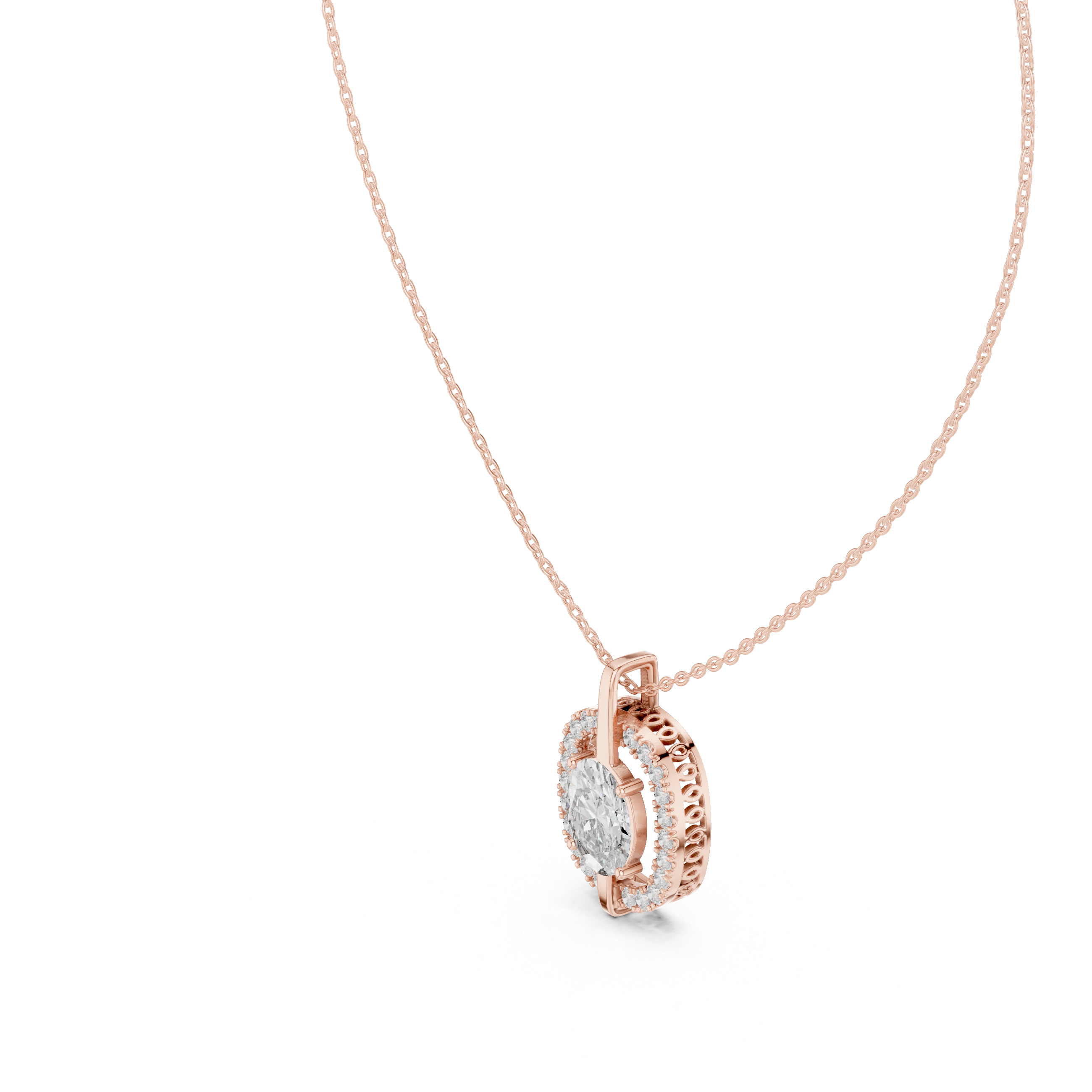 Oval Diamond Halo Pendant Necklace in Rose Gold, Elegant Minimal Necklace for Women Gift