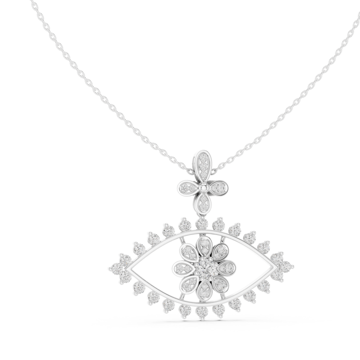 Evil Eye Round Diamond Necklace, Elegant White Gold Pendant for Wedding Gift