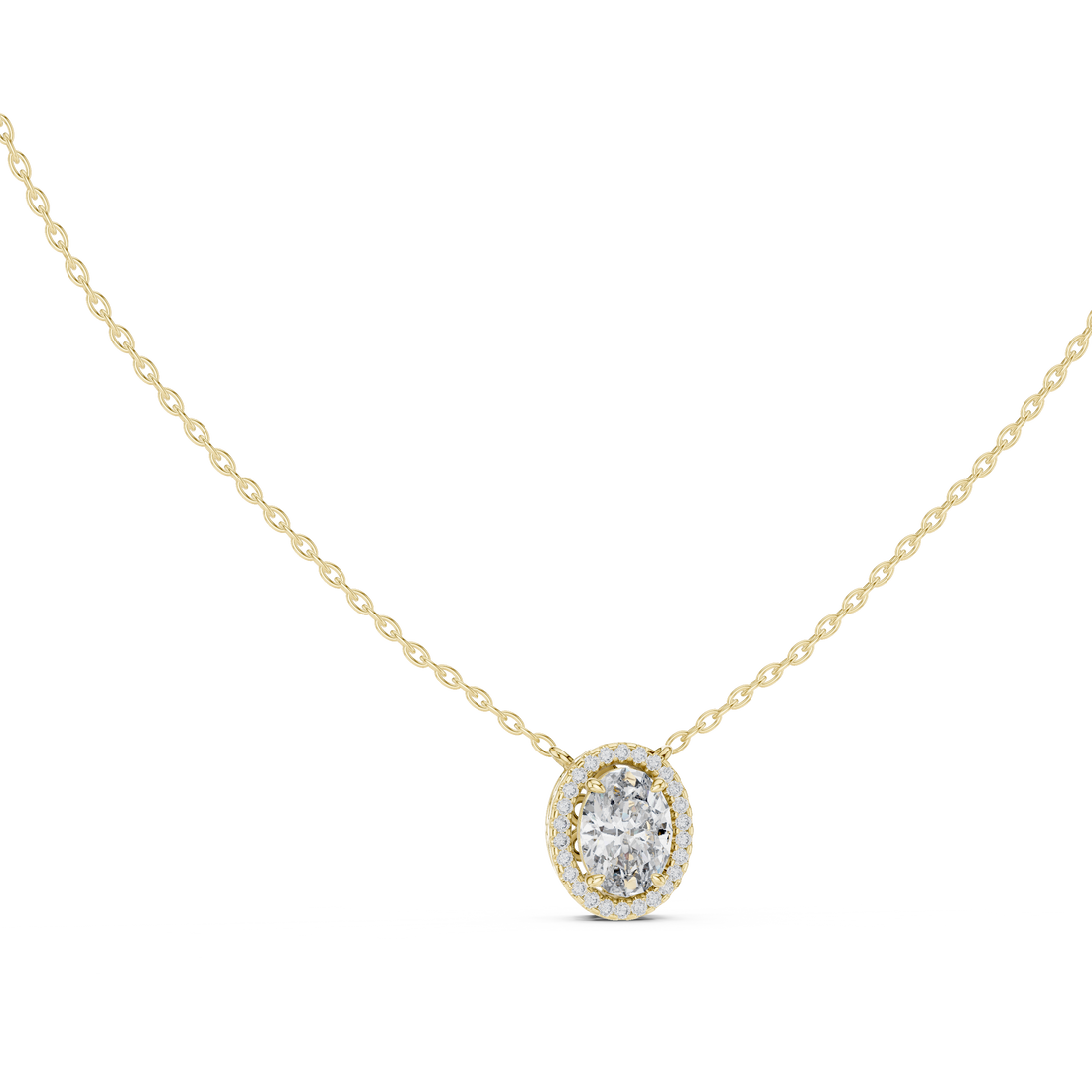 Silver necklace with a teardrop-shaped pendant on a white background
