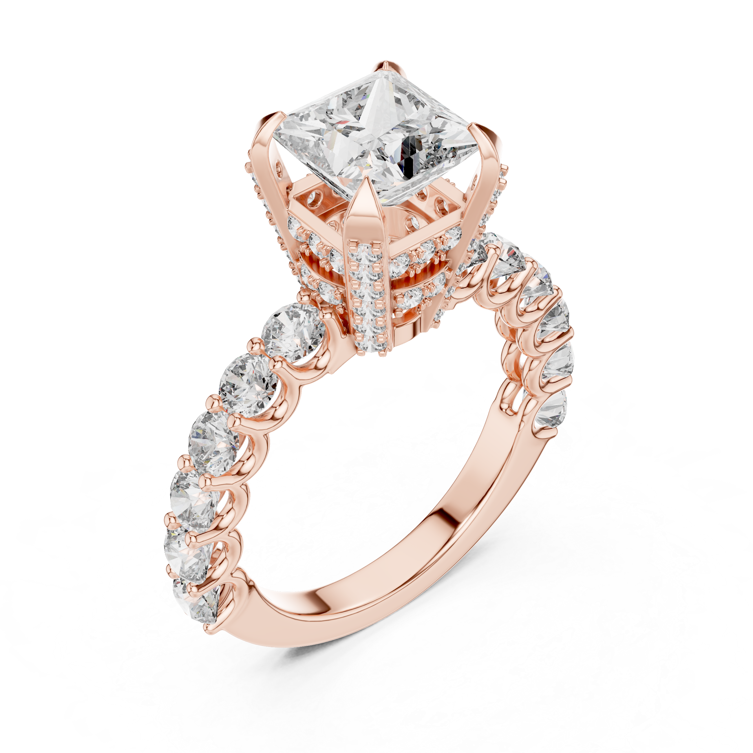 High-End Princess Shape Diamond Engagement Ring with Pave Accents