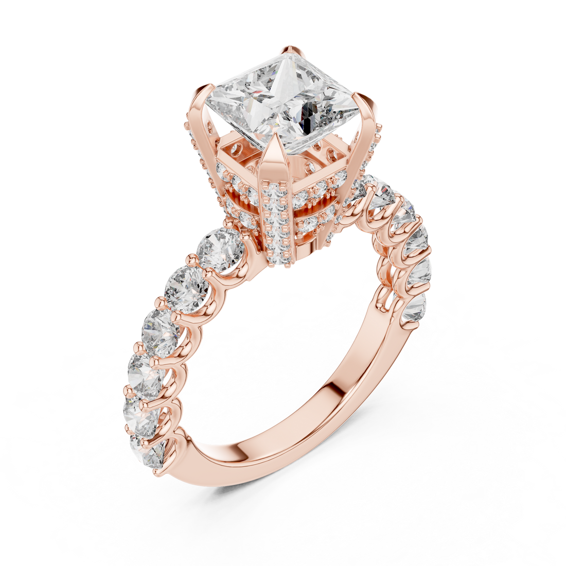 High-End Princess Shape Diamond Engagement Ring with Pave Accents