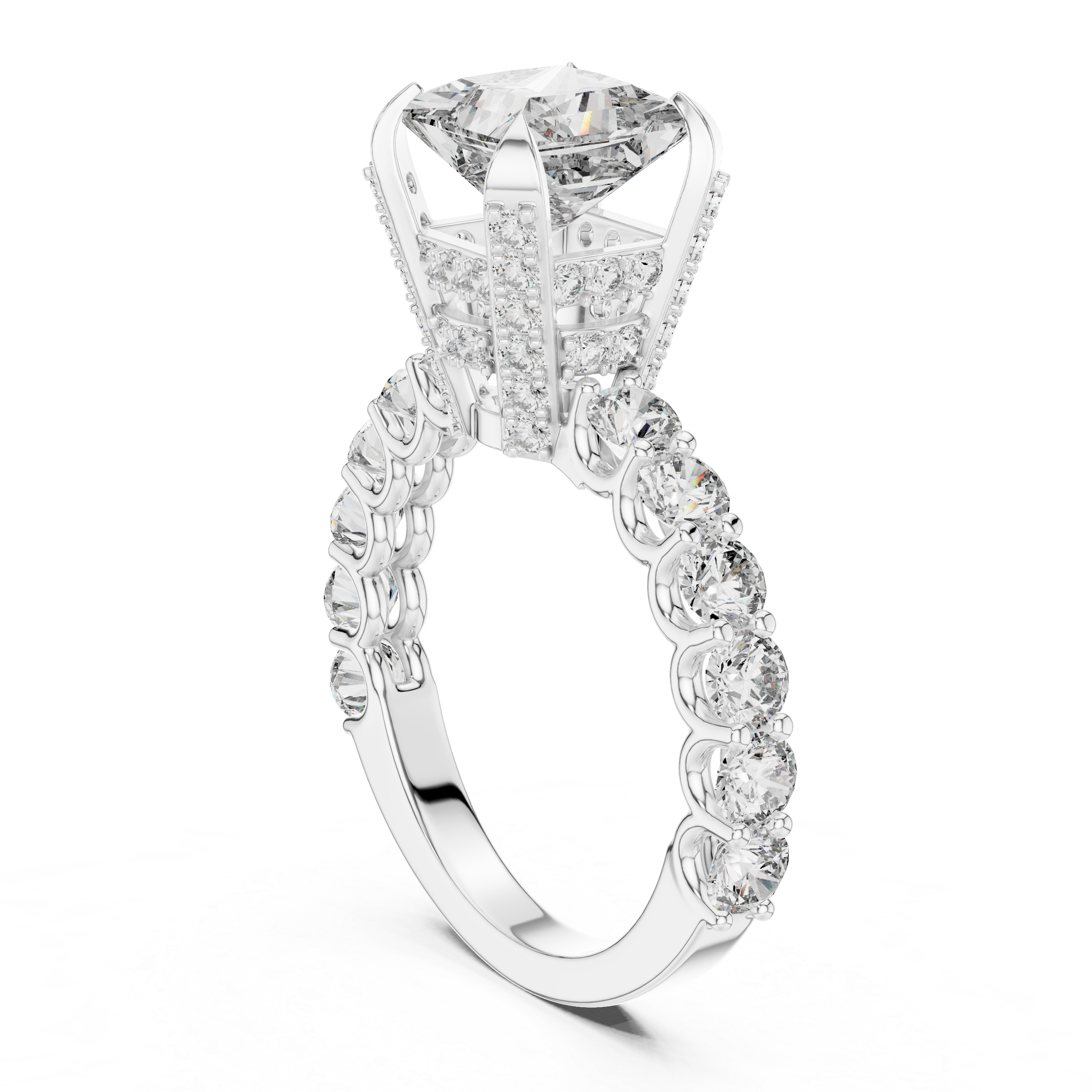 High-End Princess Shape Diamond Engagement Ring with Pave Accents