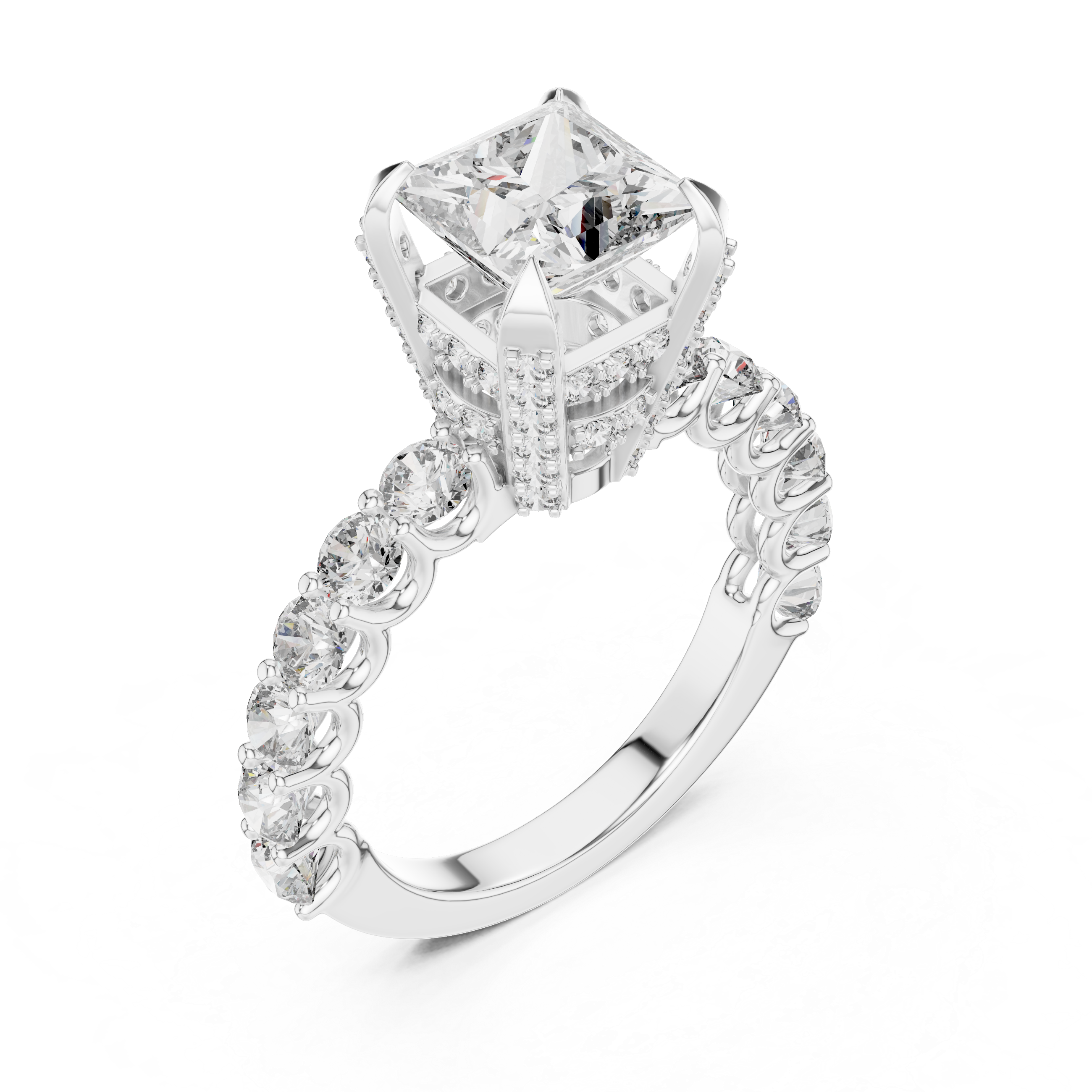 High-End Princess Shape Diamond Engagement Ring with Pave Accents