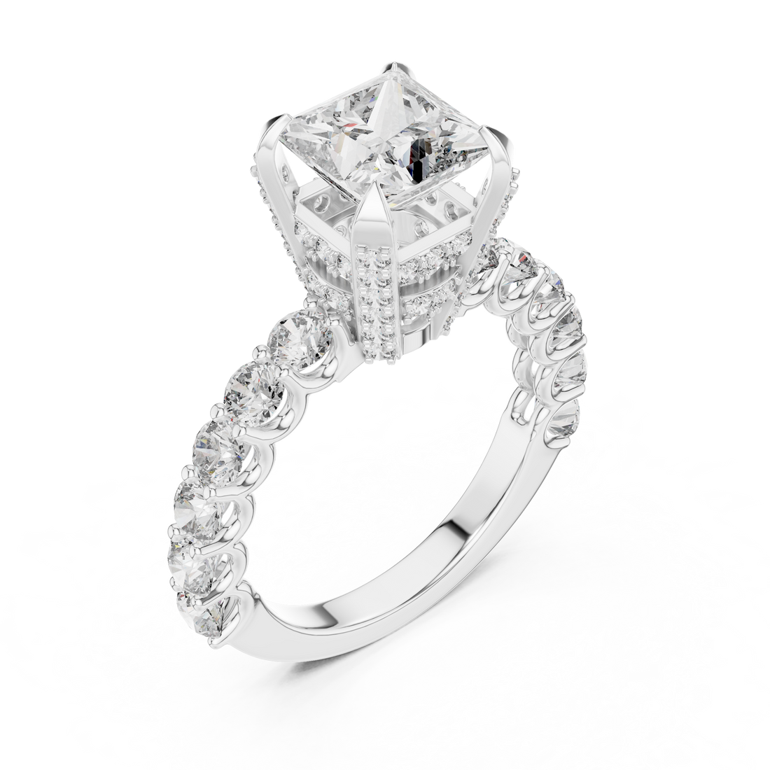 High-End Princess Shape Diamond Engagement Ring with Pave Accents