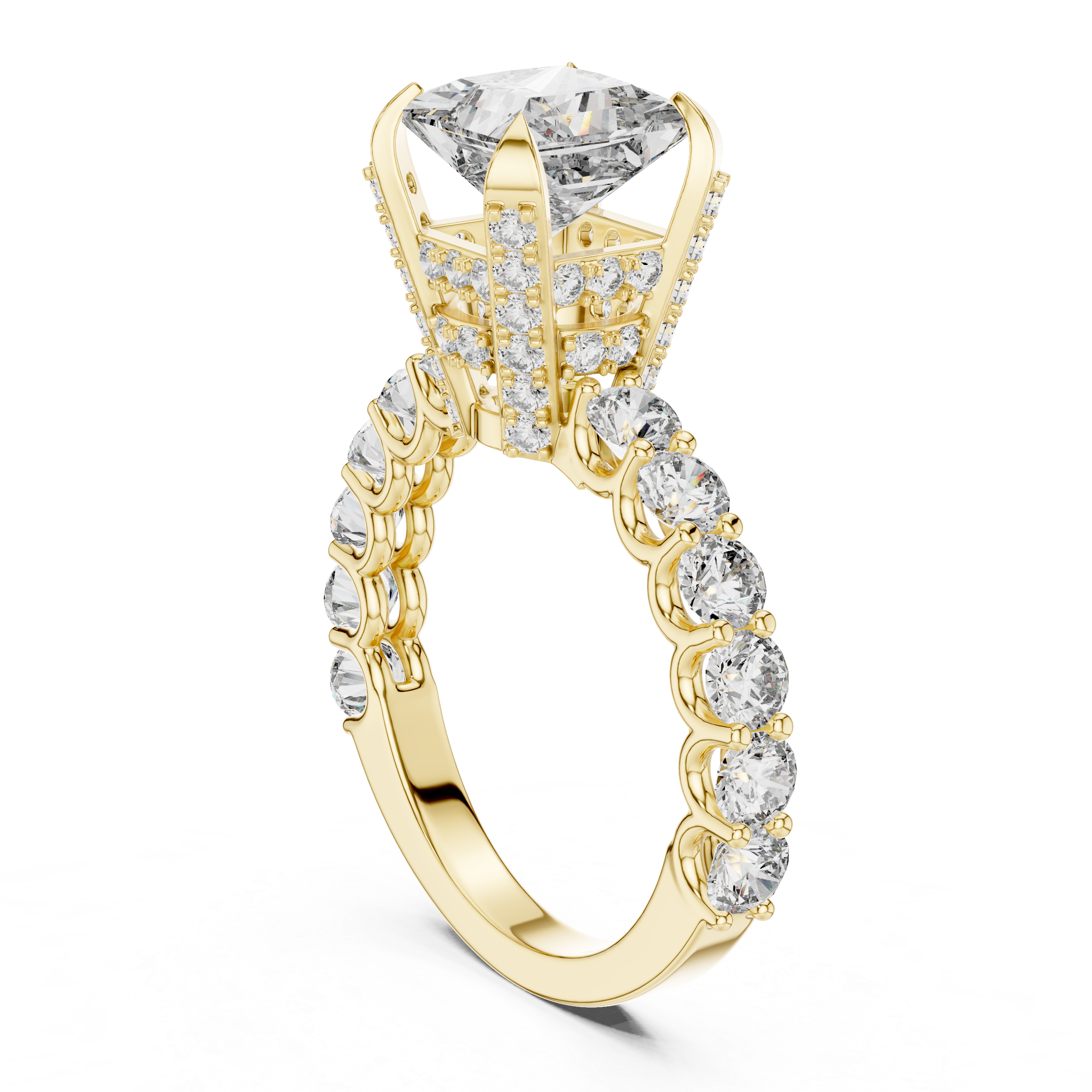 High-End Princess Shape Diamond Engagement Ring with Pave Accents