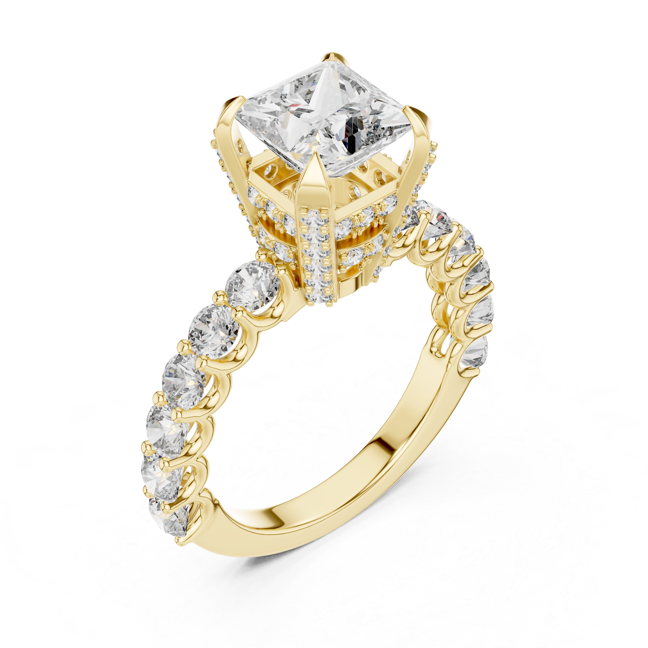 High-End Princess Shape Diamond Engagement Ring with Pave Accents