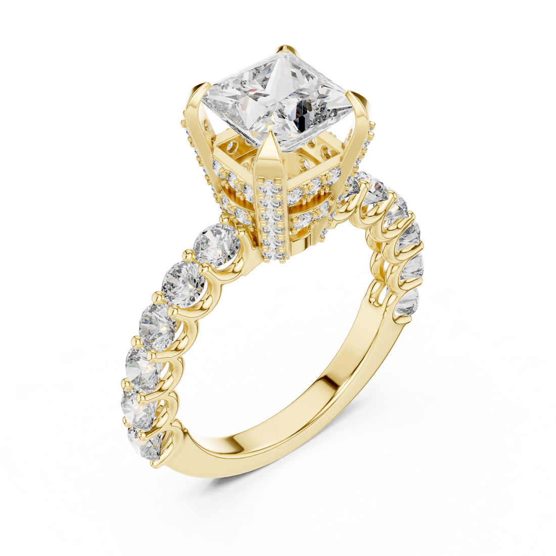 High-End Princess Shape Diamond Engagement Ring with Pave Accents