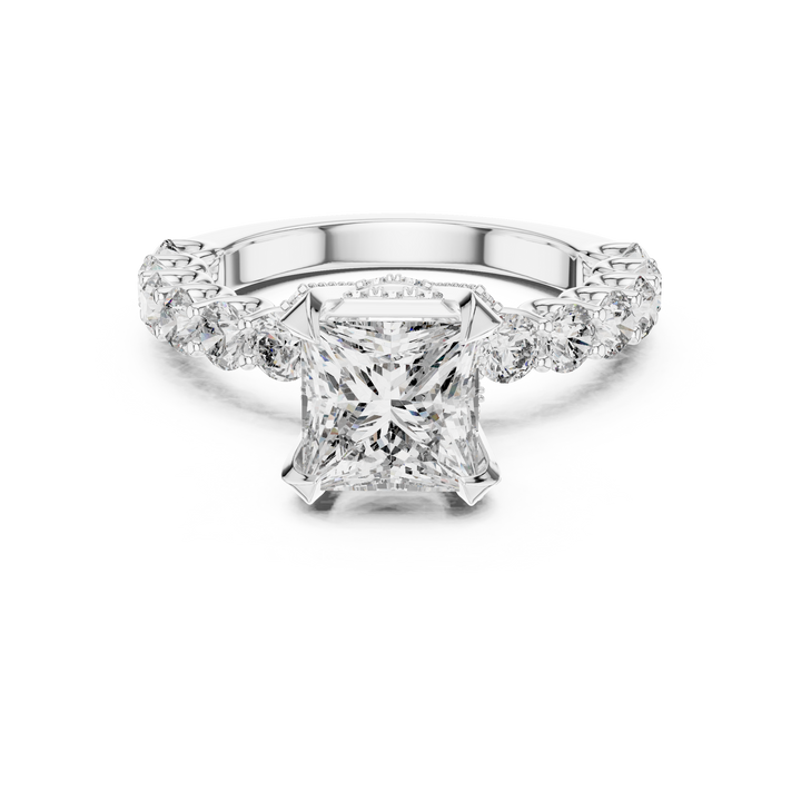 High-End Princess Shape Diamond Engagement Ring with Pave Accents